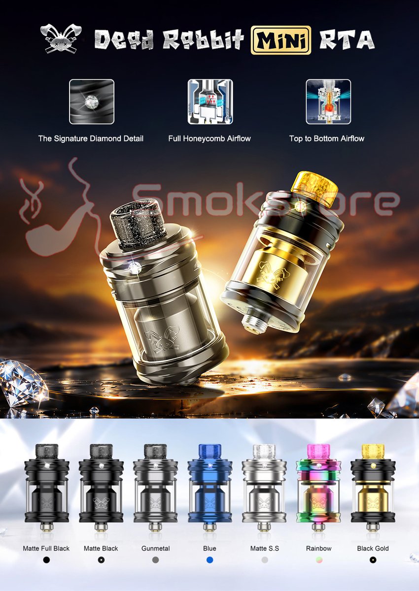 Smokstore's tweet photo. Hellvape Dead Rabbit Mini RTA - a compact 23.5 mm single-coil tank built for RDL. 
Honeycomb top-to-bottom airflow + compressed chamber = smooth draws, 
concentrated flavor. 
Diamond centerpiece
21+ only.

🔗 https://t.co/r2o5TZFQAq

#Hellvape #DeadRabbitMini #RTA #Vape https://t.co/aDJHrlhdLK