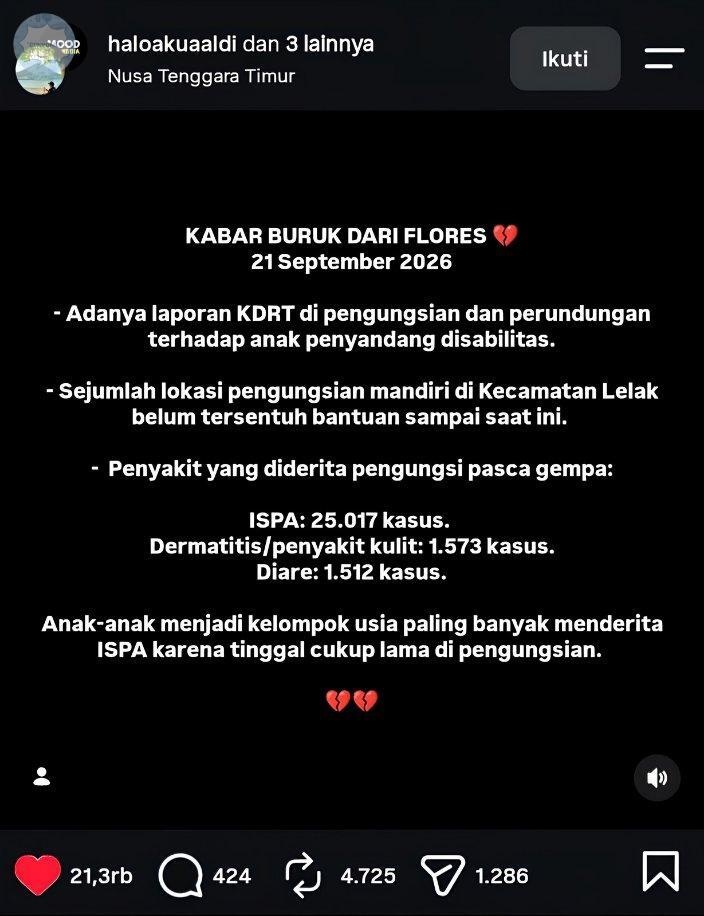 convomfs's tweet photo. 🤍 KASUS GEMPA DI NTT BELUM USAI.

maaf, jangan ramaikan berita kalimantan aja. berita krisis pengungsian gempa di NTT perlu diramaikan juga tiap harinya. masih ada 46.461 pengunggsi tidur di tenda. 94 orang meninggal di pengungsian. https://t.co/SQYPrpTx9y