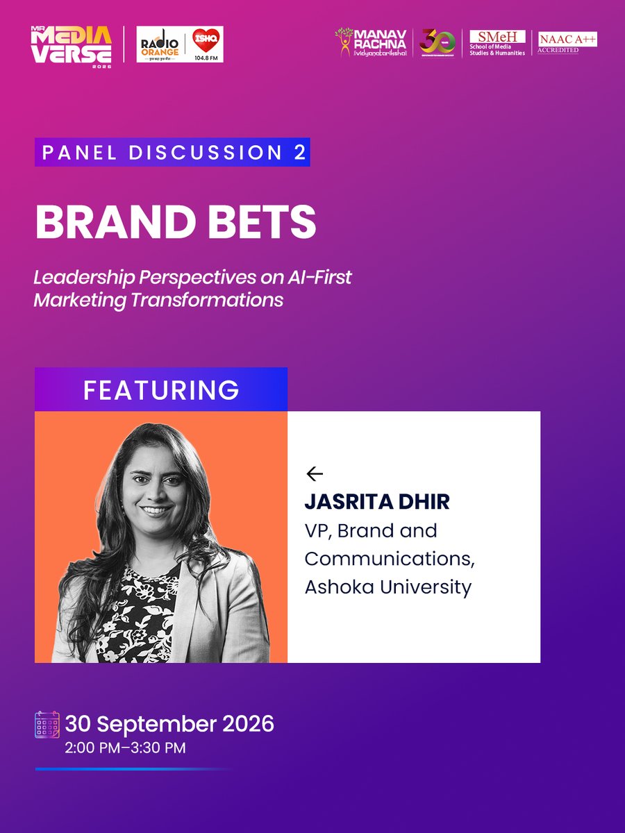 manav_rachna's tweet photo. The future of marketing needs leaders who think beyond the obvious.

Hear from industry leaders shaping AI-first marketing transformations and the bold decisions behind them.

𝐏𝐚𝐧𝐞𝐥 𝐃𝐢𝐬𝐜𝐮𝐬𝐬𝐢𝐨𝐧 | 𝐁𝐫𝐚𝐧𝐝 𝐁𝐞𝐭𝐬
𝐋𝐞𝐚𝐝𝐞𝐫𝐬𝐡𝐢𝐩 𝐏𝐞𝐫𝐬𝐩𝐞𝐜𝐭𝐢𝐯𝐞𝐬 𝐨𝐧 𝐀𝐈-𝐅𝐢𝐫𝐬𝐭 𝐌𝐚𝐫𝐤𝐞𝐭𝐢𝐧𝐠 𝐓𝐫𝐚𝐧𝐬𝐟𝐨𝐫𝐦𝐚𝐭𝐢𝐨𝐧𝐬
30 September 2026 | 2:00–3:30 PM
At MR Mediaverse 2026
Campaigns & Beyond: Integrated Marketing Communication in an AI-Powered World

𝐂𝐡𝐚𝐧𝐠𝐞 𝐭𝐡𝐞 𝐪𝐮𝐞𝐬𝐭𝐢𝐨𝐧.
Registrations are now LIVE.

https://t.co/6dFqnJjVH4
Click for more info:
https://t.co/Qqqy1EOdUj

#ManavRachna #Mediaverse2026 #SchoolofMediaStudiesandHumanities