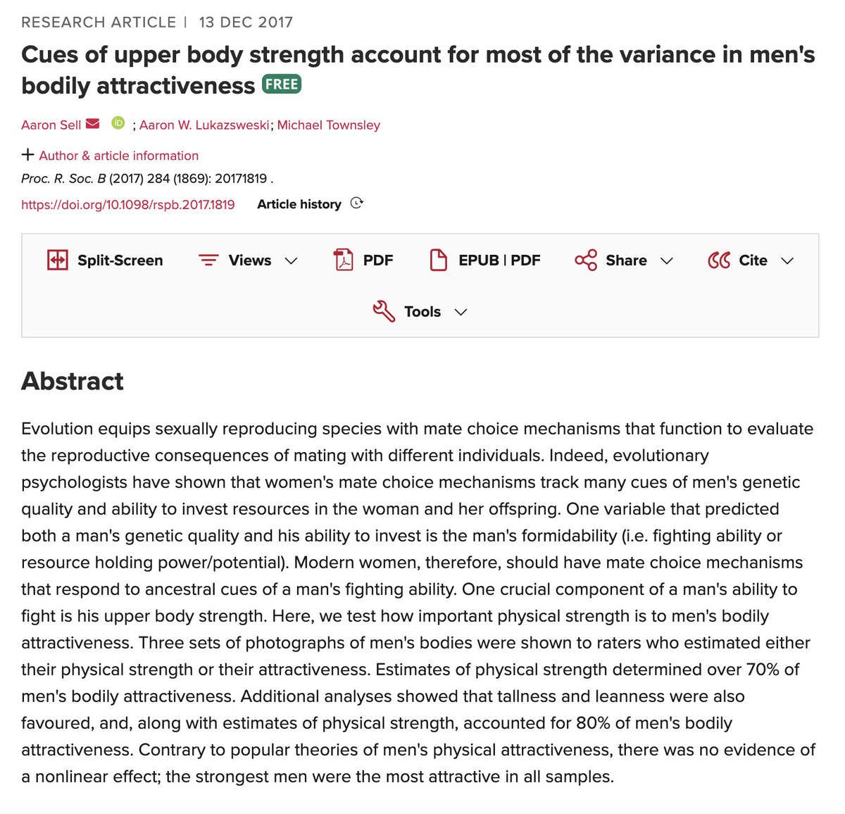 anishmoonka's tweet photo. Estimates of how strong a man looks account for more than 70 percent of how attractive his body is rated. Add height and leanness and the figure climbs to 80 percent, leaving everything else in the world to share what remains.

Aaron Sell and colleagues assembled three separate sets of photographs of men's bodies. One group of raters guessed how physically strong each man was. A different group rated the same bodies for attractiveness. Those raters never saw the strength numbers and were told nothing about the point of the first task. Proceedings of the Royal Society B published the results in 2017.

Across all three photograph sets, the strength estimates tracked the attractiveness ratings closely enough to explain most of the differences between men. Tallness and leanness added a further slice on top.

A popular idea says there is a ceiling, that men get more attractive up to a point and then start looking like cartoons. The data showed no such turn. In every sample, the men judged strongest were also judged most attractive, right to the top of the range.

Photographs of standing bodies are a narrow slice of what happens between two people, and raters were scoring strangers they would never meet. Estimated strength also stands in for muscle, posture and shoulder width, so some of that 70 percent is the eye reading shape and calling it power.

What makes the finding interesting is where the theory came from. Sell studies fighting ability and bargaining power in early human groups, and the prediction was that women's attention would still be tuned to a cue that mattered when protection was a daily problem. The bodies confirmed it more cleanly than he expected. https://t.co/iz2QN1dxHY
