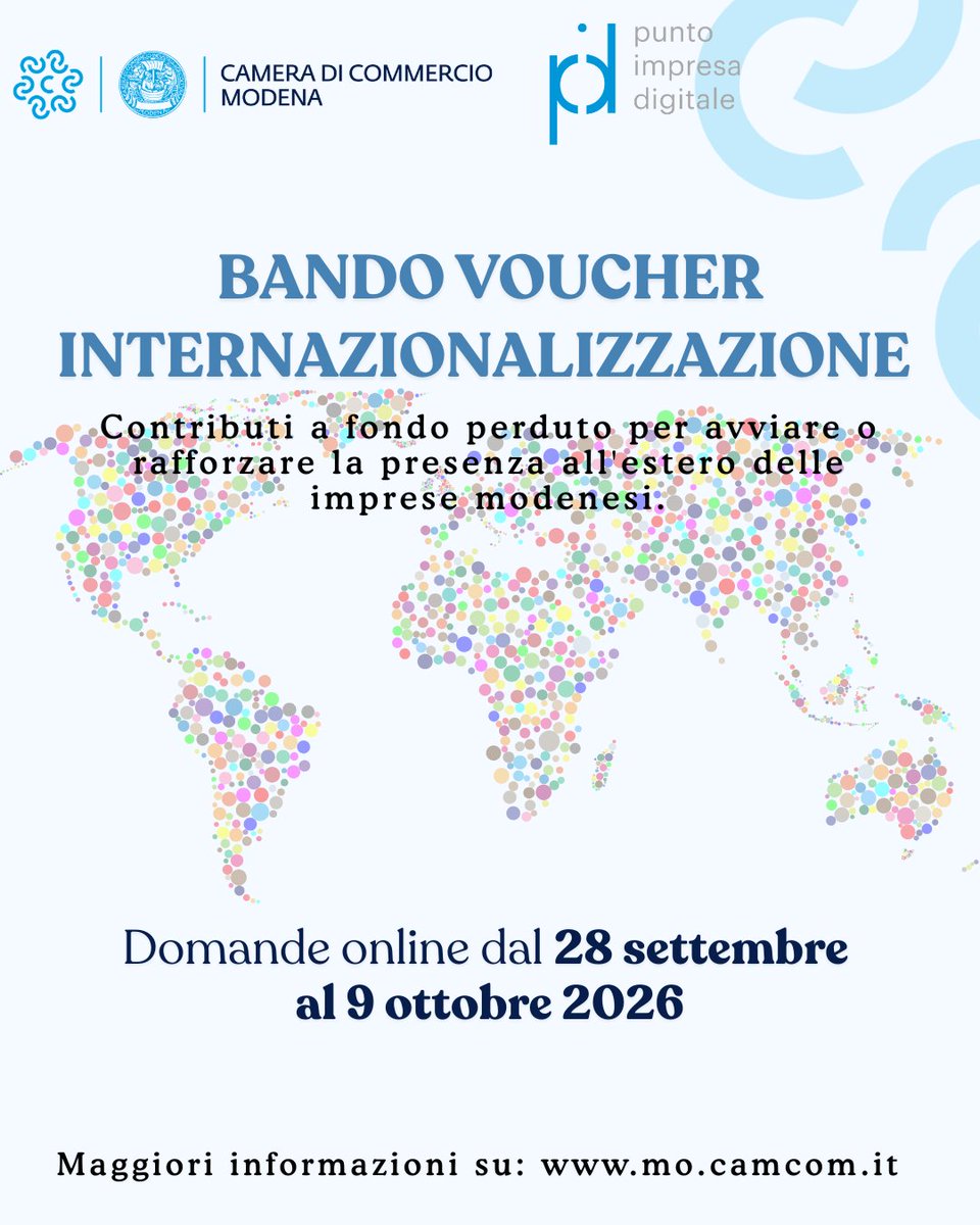 CamComModena's tweet photo. Bando Voucher Internazionalizzazione: contributi a fondo perduto per le PMI modenesi che vogliono crescere all'estero anche tramite il digitale.

ℹ️Contributo fino a 5.000€ e investimento min. 3.000€
�� Domande: 28/09/2026 - 09/10/2026
Dettagli e bando👇
https://t.co/ehO9AOnUNI https://t.co/Aram5hAqTB