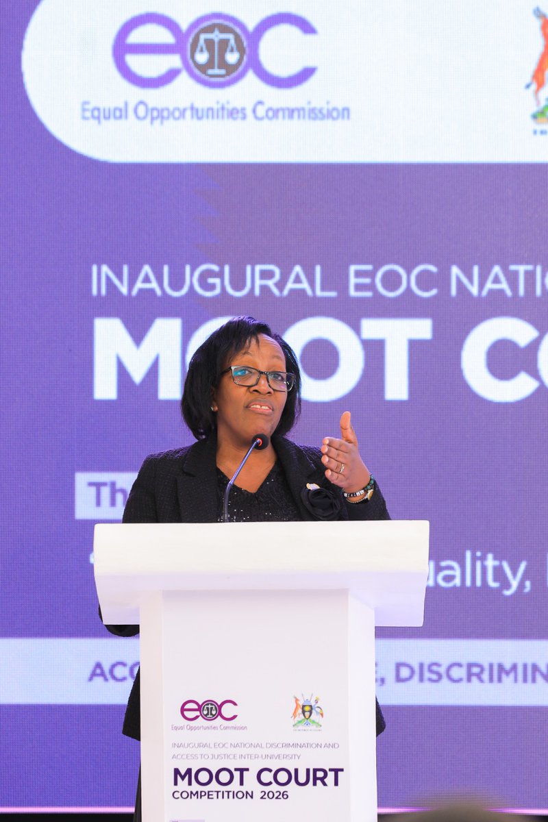 EOC_UG's tweet photo. ⚖️ “The law must be a pathway through which equality, dignity and justice are realised for all.”

At the opening of the EOC National Inter-University Access to Justice, Discrimination and Equal Opportunities Moot Court Competition 2026, Hon. Lady Justice Olive Kazaarwe Mukwaya, President of International Association of Women Judges (IAWJ-UC) and Chief Guest, urged the next generation of lawyers to embrace the law as an instrument for advancing equality, inclusion and access to justice.

Her message sets the tone for these two days of advocacy, legal scholarship and meaningful engagement on discrimination and equal opportunities.

Advancing Equality, Dignity and Inclusion through Law and Justice.

#EOCMoot2026 #EqualOpportunities #AccessToJustice #RuleOfLaw #LegalEducation #Inclusion