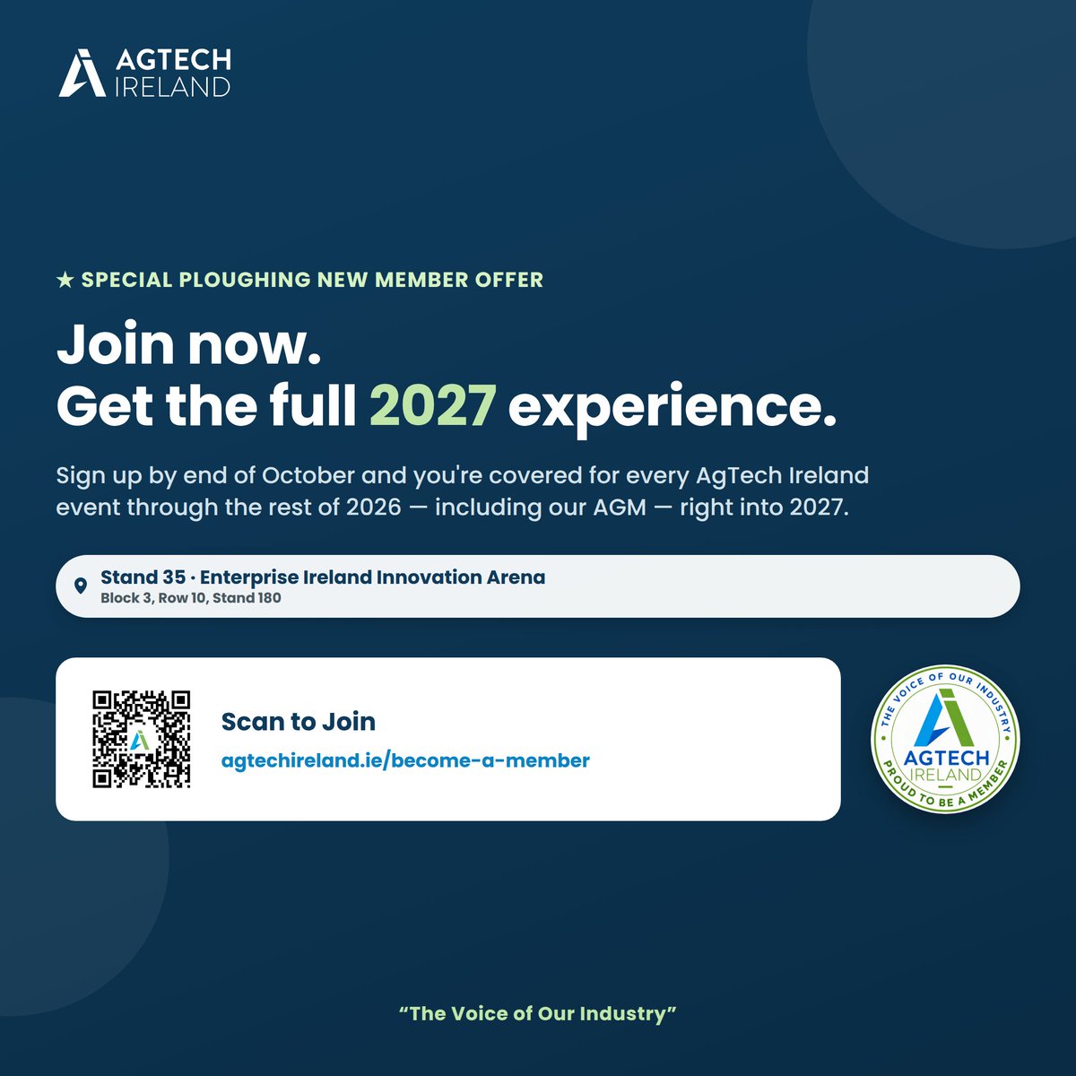 AgTechIreland's tweet photo. Great few days meeting so many of you at the @Entirl  #InnovationArena for #Ploughing2026 🚜
If you're an agtech company and not yet a member of @AgTechIreland  — join by 31 Oct and your membership runs right through to end 2027 (AGM included, 26 Nov).
👉 https://t.co/wJYM35n4U3 https://t.co/3FvGGckkja
