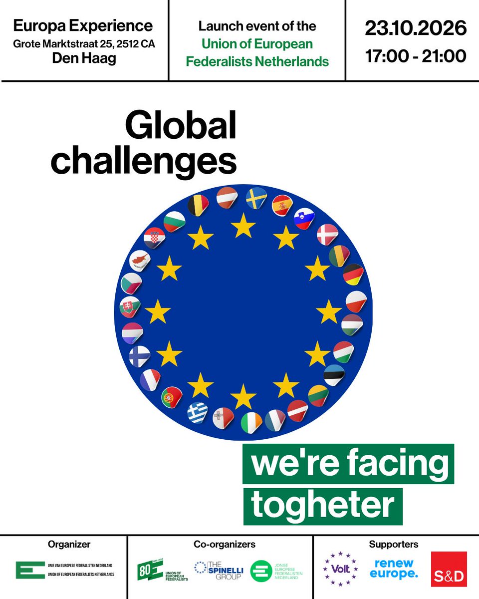 federalists's tweet photo. 🇳🇱 UEF Netherlands is back after 41 years!

Join us in The Hague for “Global Challenges We Are Facing Together”: citizens, academics and policymakers discussing how a united Europe can tackle challenges that cross borders.

🎟️ Register: https://t.co/GUsqd05BJe https://t.co/8DQAl0TgCD
