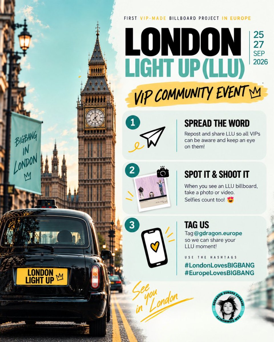 Gdragon_Europe's tweet photo. 💌 Here is the invitation to all VIPs who will be in London over the weekend! 11 billboards with amazing designs to welcome Bigbang and show how much they are love them in Europe! 😍
Spread the word and take a photo if you see them! 😍✨
See y’all in London FAM!🩵💛❤️ https://t.co/L7yrHRYIsr