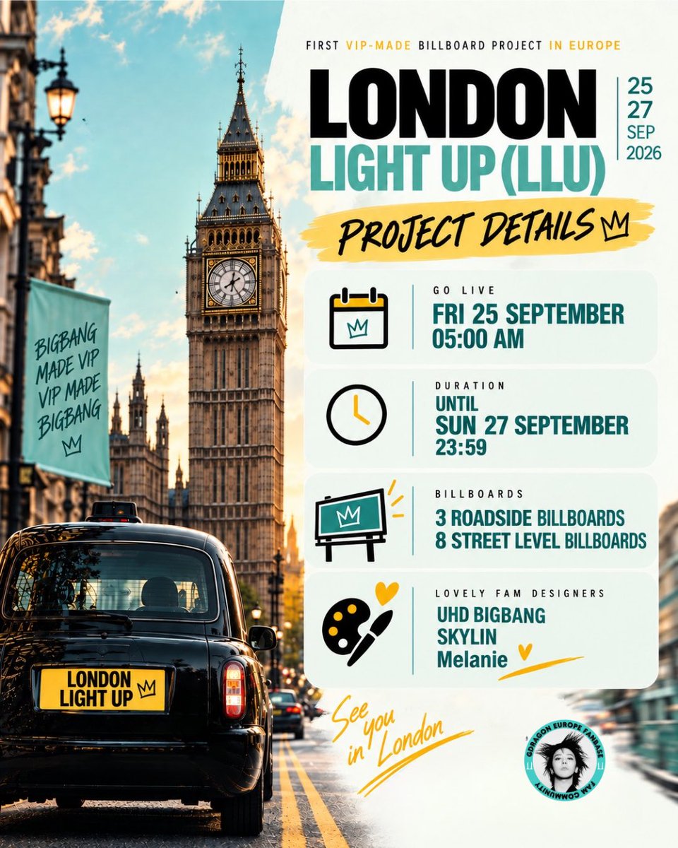 Gdragon_Europe's tweet photo. 💌 Here is the invitation to all VIPs who will be in London over the weekend! 11 billboards with amazing designs to welcome Bigbang and show how much they are love them in Europe! 😍
Spread the word and take a photo if you see them! 😍✨
See y’all in London FAM!🩵💛❤️ https://t.co/L7yrHRYIsr