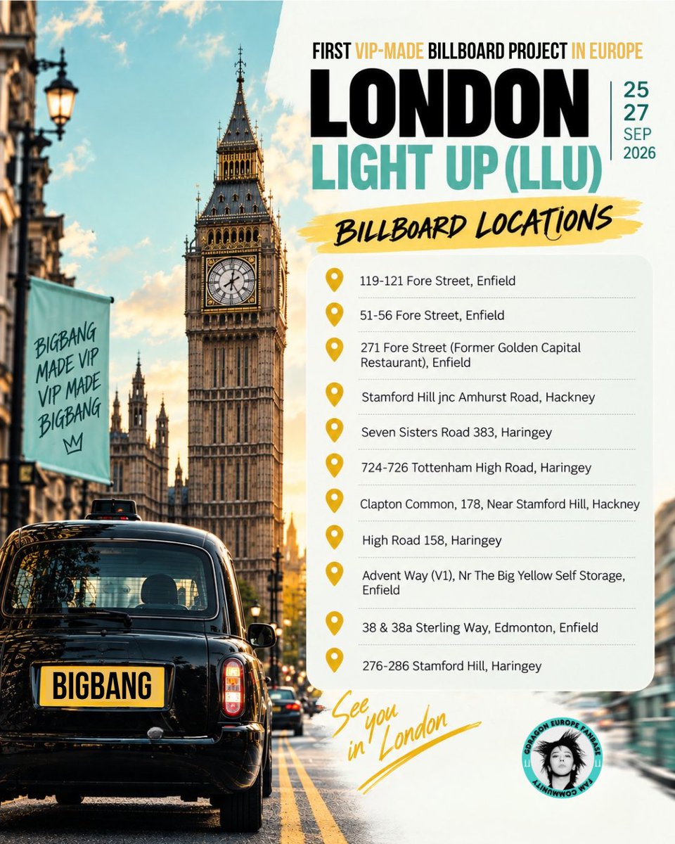 Gdragon_Europe's tweet photo. 💌 Here is the invitation to all VIPs who will be in London over the weekend! 11 billboards with amazing designs to welcome Bigbang and show how much they are love them in Europe! 😍
Spread the word and take a photo if you see them! 😍✨
See y’all in London FAM!🩵💛❤️ https://t.co/L7yrHRYIsr