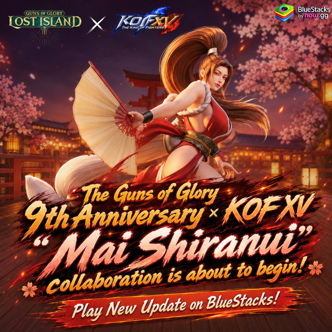 ReikoPorstzgt's tweet photo. Mai Shiranui has crossed dimensions into Guns of Glory, bringing the flames! The mystery visitor near the Castle is revealed: KOF XV’s legendary kunoichi joins our 9th Anniversary celebration. Redeem code MaiShiranui for estate supplies. https://t.co/hO3F0zb5N6