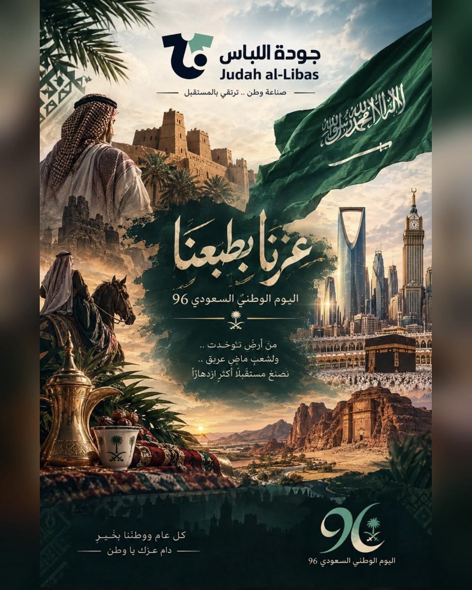 al_libas's tweet photo. عزّنا بطبعنا وفخرنا بوطننا
في يومنا الوطني الـ96، نحتفي بوطنٍ عظيم، بتاريخٍ نفخر به، وحاضرٍ نصنعه، ومستقبلٍ نطمح إليه

من مصنع جودة اللباس، نفخر بأن نكون جزءًا من صناعة وطننا، بأيدٍ سعودية وطموح لا حدود له.

كل عام والمملكة قيادةً وشعبًا بعز وازدهار 🇸🇦💚

#اليوم_الوطني_السعودي96 https://t.co/BYbznXtd6F