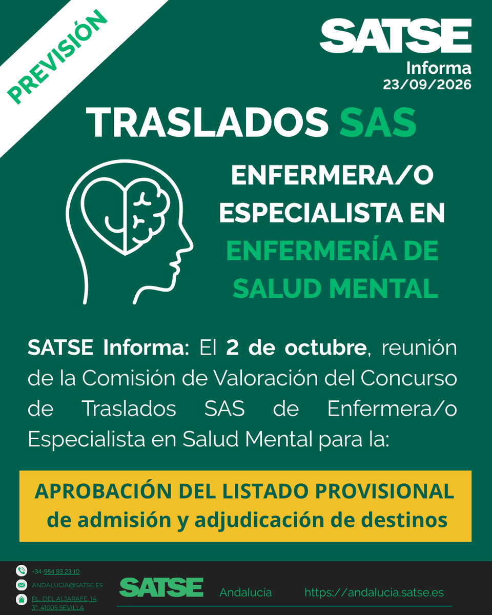 SATSE_Andalucia's tweet photo. ‼️Novedades #Traslados SAS
📍Enfermera/o Especialista🧠#SaludMental y 🤰#Matrón/a, primeras en convocar Comisión de Valoración para aprobar las listas provisionales del Concurso de Traslados SAS
🔜 Desde #SATSE seguiremos informando sobre resto de categorías conforme se concreten https://t.co/MaNyhiG1VH