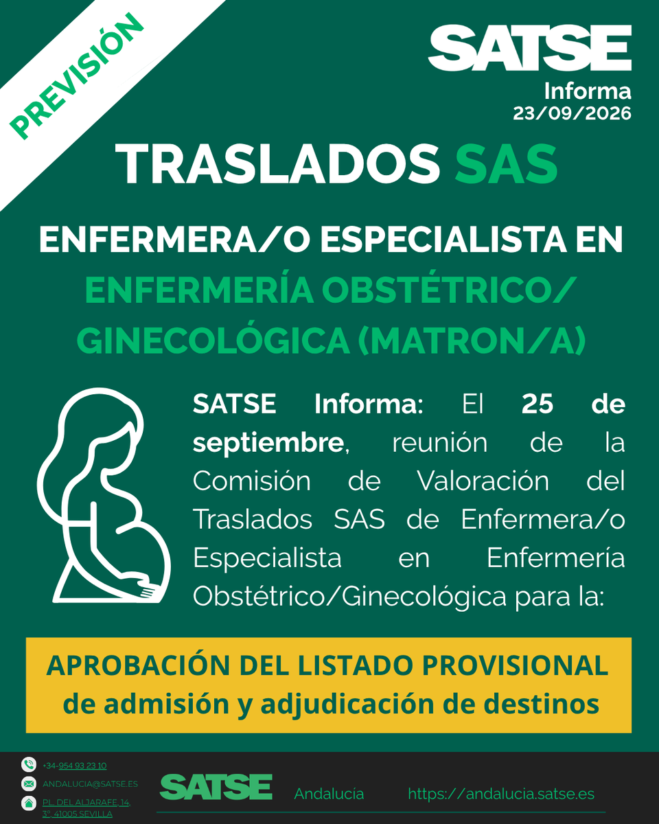 SATSE_Andalucia's tweet photo. ‼️Novedades #Traslados SAS
📍Enfermera/o Especialista🧠#SaludMental y 🤰#Matrón/a, primeras en convocar Comisión de Valoración para aprobar las listas provisionales del Concurso de Traslados SAS
🔜 Desde #SATSE seguiremos informando sobre resto de categorías conforme se concreten https://t.co/MaNyhiG1VH