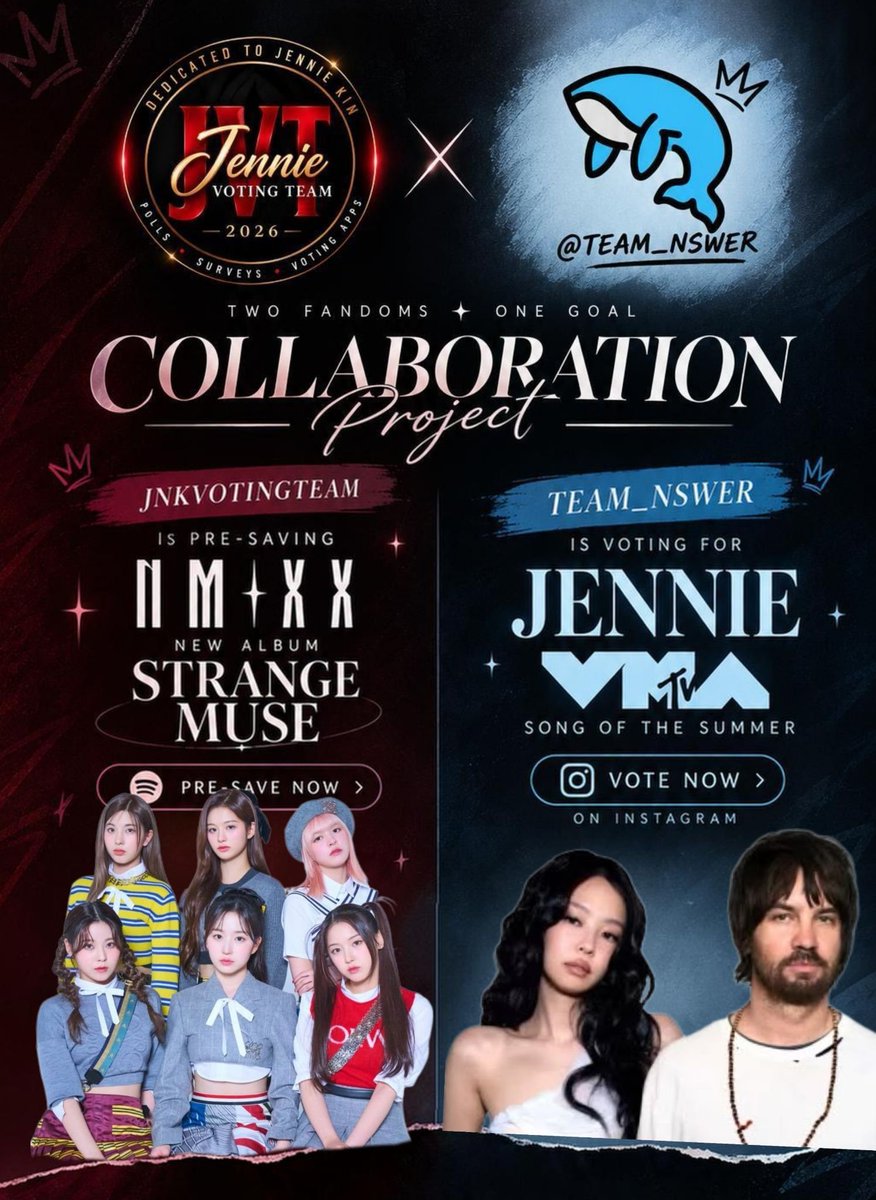 jnkvotingteam's tweet photo. 📢 [VMA VOTING COLLABORATION]

🗓 SEPT. 26-27

We’re pleased to announce a voting collaboration with @TEAM_NSWER! 🤝💙

As part of this collaboration, @TEAM_NSWER will vote for JENNIE on Instagram for the VMA Song of Summer category.

In return, we will support their upcoming release by pre-saving NMIXX’s upcoming album. 🎶

Let’s work together and support each other! Thank you to everyone participating in this collaboration. 💙

JENNIE × NMIXX — Fighting! 🫶

❗Pre-save the album once it's out. Drop proofs in this post. 

#JENNIE #제니