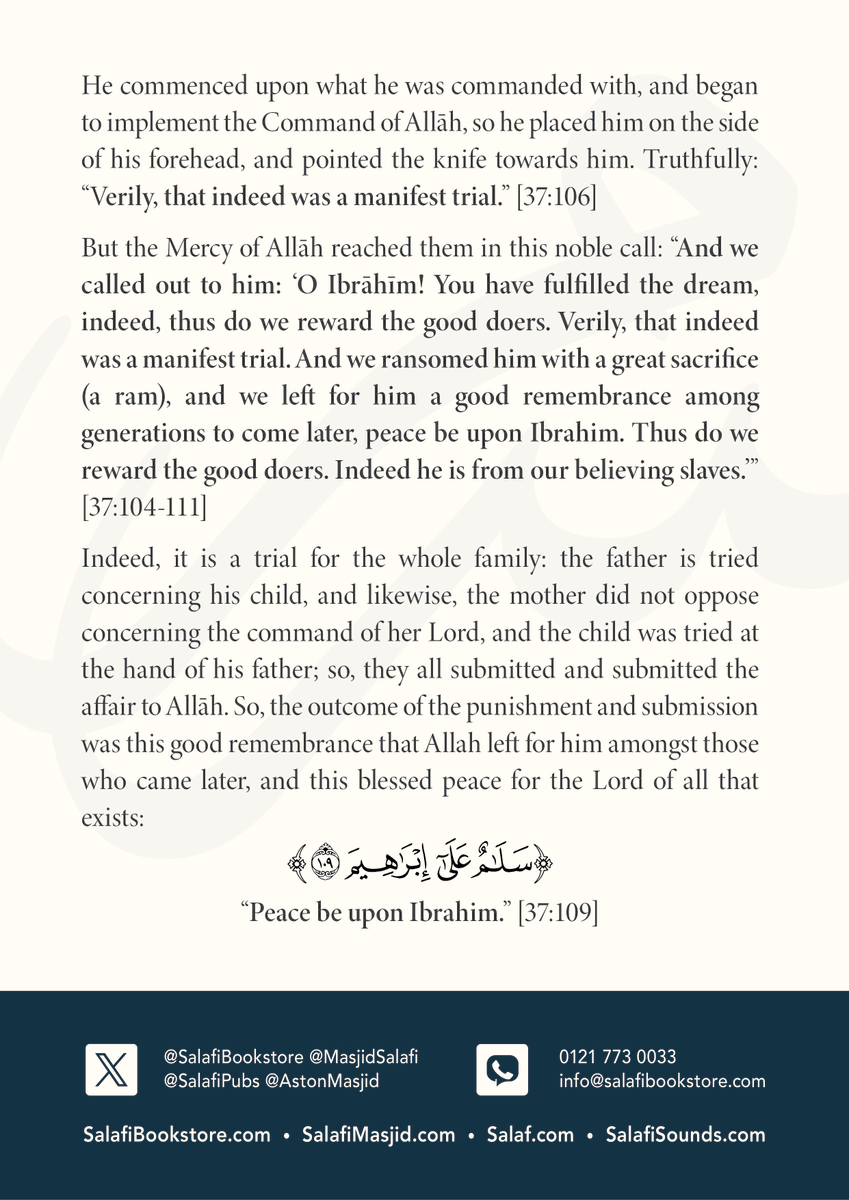 SalafiBookstore's tweet photo. The Trials of Our Father Ibrāhīm
Thrown into a blazing fire. Granted a son in old age, then separated from him. Then commanded to sacrifice that very son, and he laid him down to do it…

From Guidance for the Sick & Those Who Visit Them by Shaykh ʿAtiyyah Sālim.

Order Today: https://t.co/TVLfD0hTjP

———
Curating authentic literature, since 1997.
Shipped reliably, quickly and tracked with DPD.