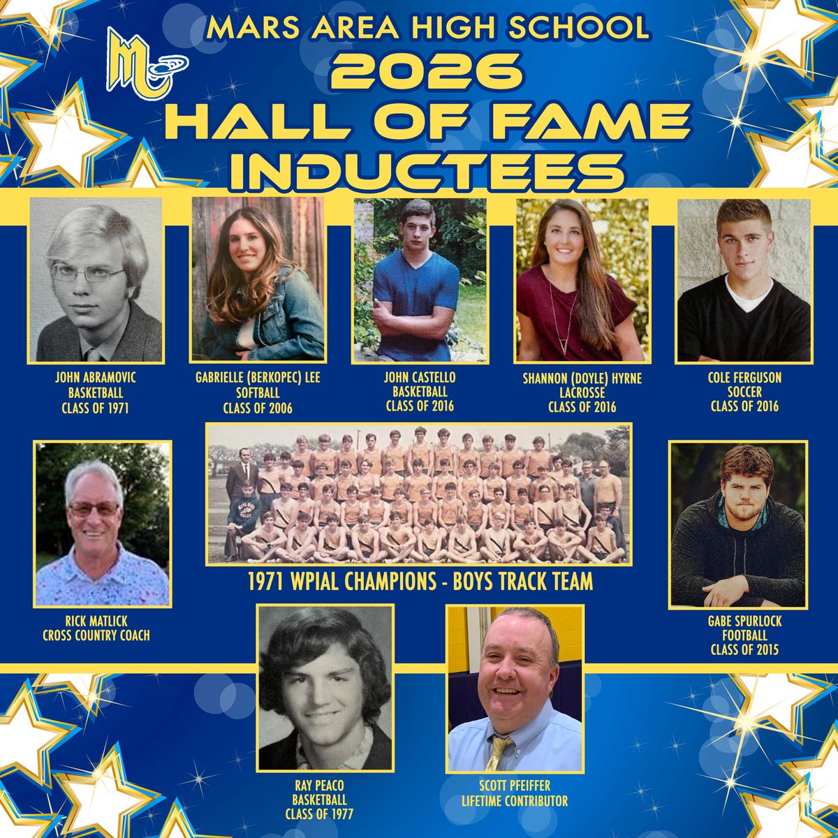 MarsAreaSD's tweet photo. 💙💛🤩 Congratulations! #marsarea High School’s 2026 Sports Hall of Fame inductees will be recognized at the Fightin’ Planets football game against Trinity at 7 p.m. on Friday, Sept. 25, at the MAC. #LetsGoPlanets #marsproud https://t.co/Tg7hIWAifA