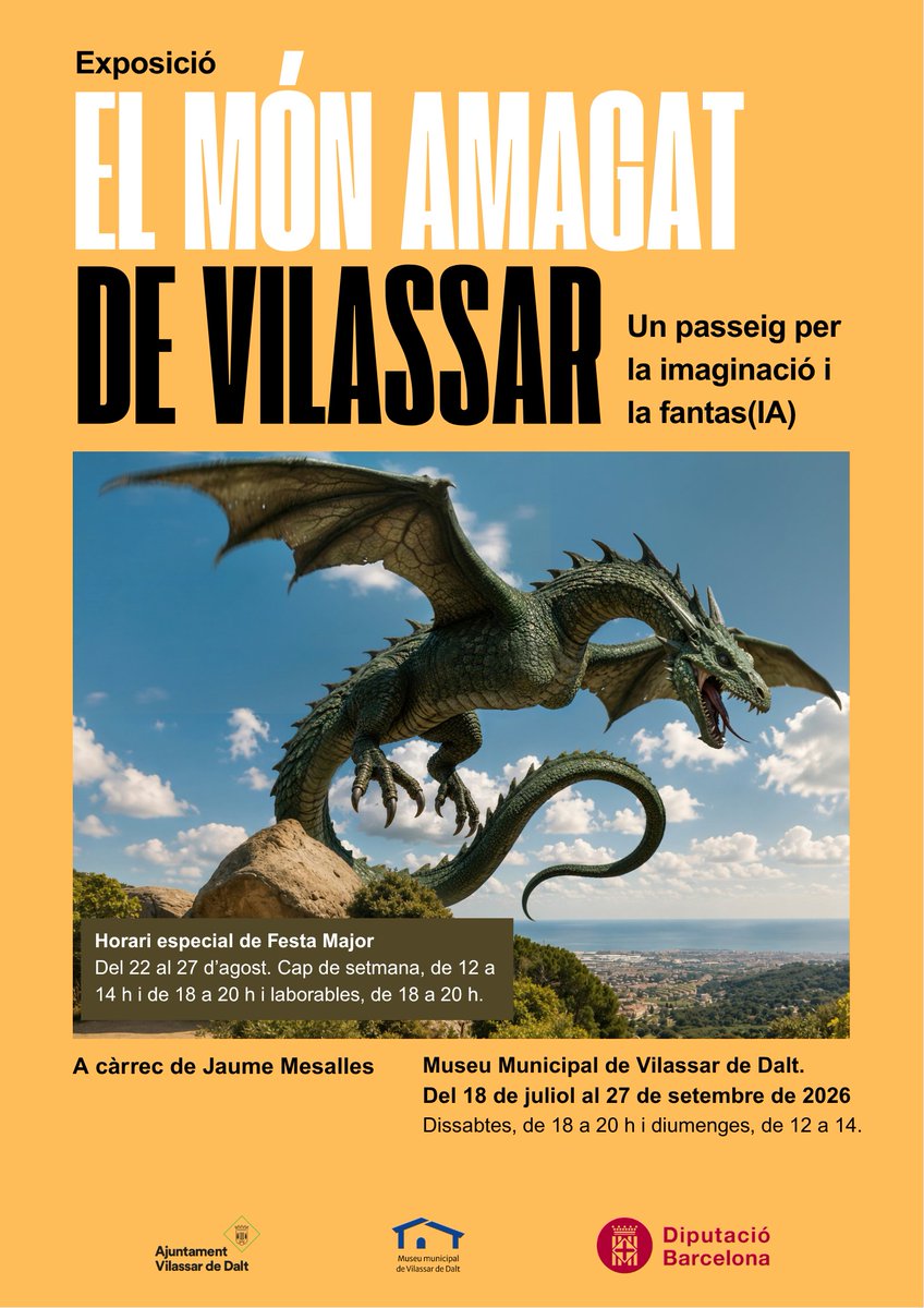vilassardedalt's tweet photo. 📅🐉AGENDA!
Aquest cap de setmana, darrera oportunitat per visitar l'exposició 'El món amagat de Vilassar', un passeig per la imaginació i la fantas(IA) de la mà de Jaume Mesalles.

ℹ️ https://t.co/XTDLirJaeo https://t.co/Bk0Oc9Caw0