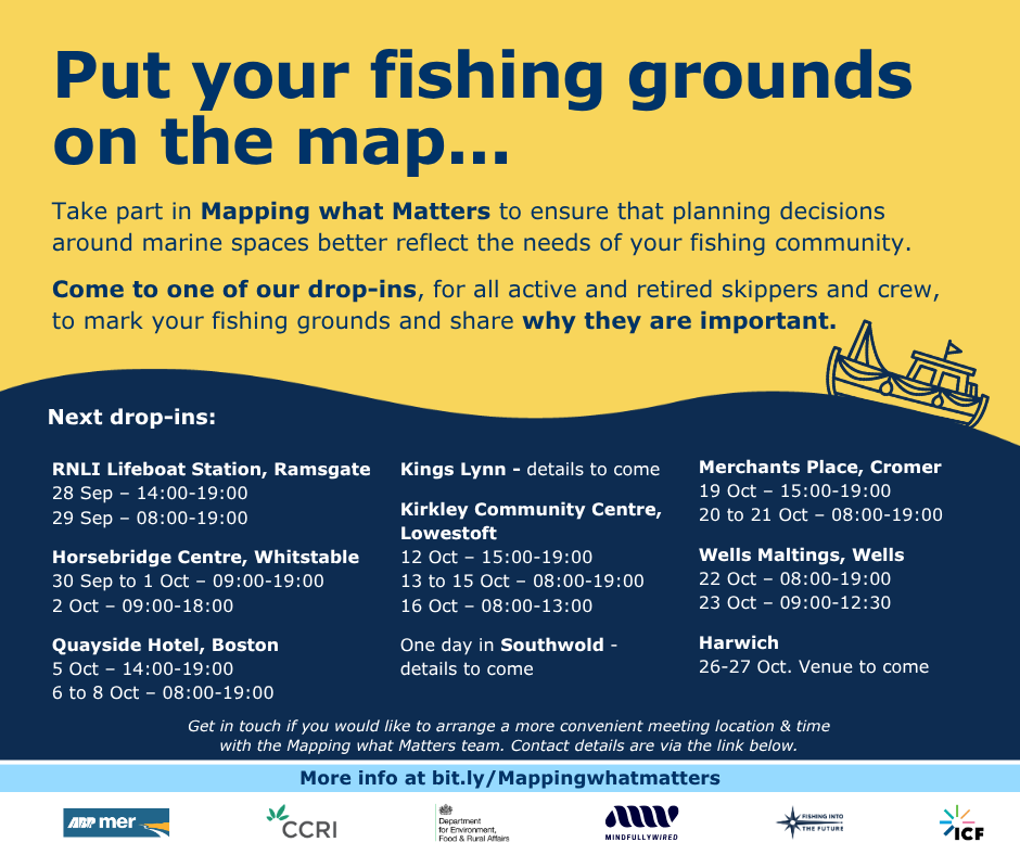 CefasGovUK's tweet photo. Share what your #fishing grounds mean to you, so planning decisions can better consider impacts on your community. Contributions will be merged so you’ll be kept anonymous. #MappingWhatMatters drop-ins across the East, 28 Sept to 27 Oct. Details: https://t.co/umI7vK2r1n https://t.co/wWFJnHVIG2