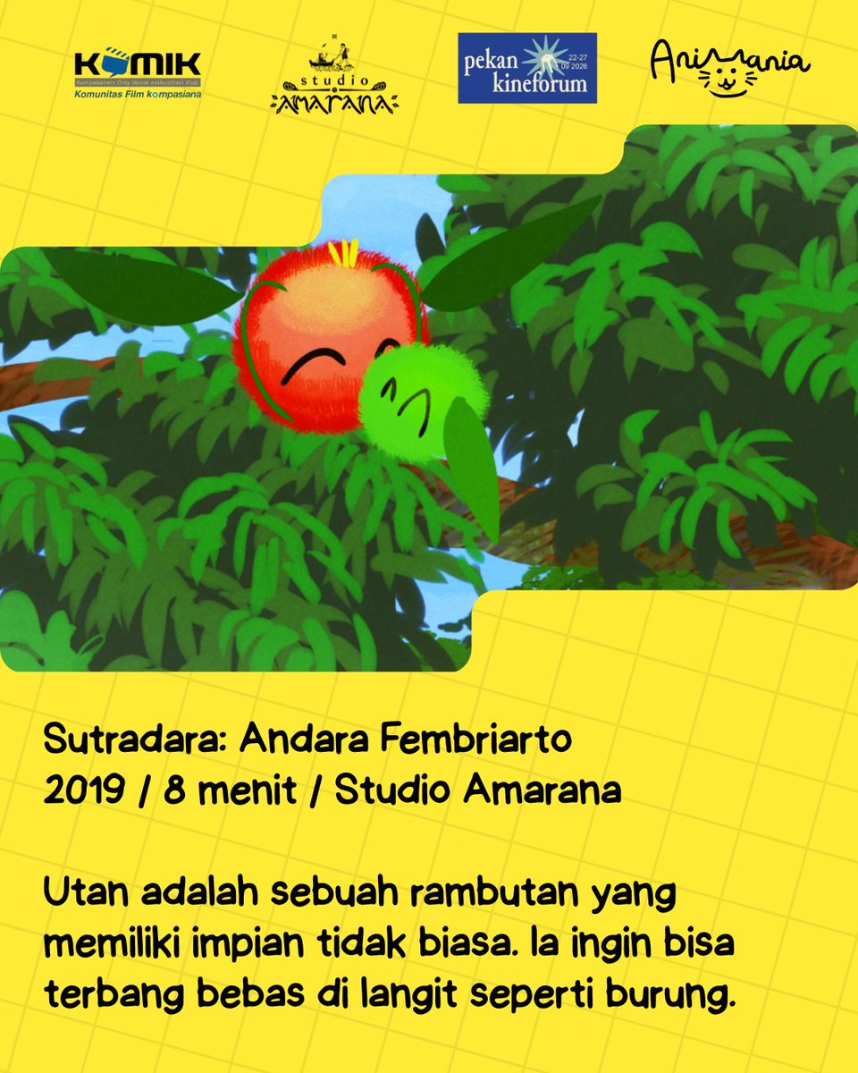 animaniaid's tweet photo. @komik_ksiana Seperti apa cerita lucunya? Yuk tonton Utan Rambutan karya Andara Fembriarto produksi @StudioAmarana  di Road to Animania di Pekan Kineforum. Acara berlangsung pada Jumat, 25 September 2026 di Bioskop Sjumandjaya, Taman Ismail Marzuki, Jakarta.

#RoadToAnimania #UtanRambutan https://t.co/BGKTf41KLj
