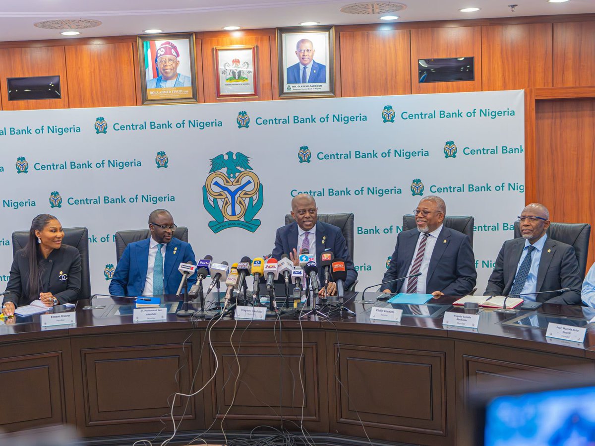 cenbank's tweet photo. At its 307th Meeting, the CBN Monetary Policy Committee (MPC) reset the Monetary Policy Rate (MPR) to 23.00 per cent; recalibrated the Standing Facilities Corridor to +50/-300 basis points around the MPR; and retained the Cash Reserve Requirement (CRR) at 45.00 per cent for Deposit Money Banks, 16.00 per cent for Merchant Banks, and 75.00 per cent for non-TSA public-sector deposits.