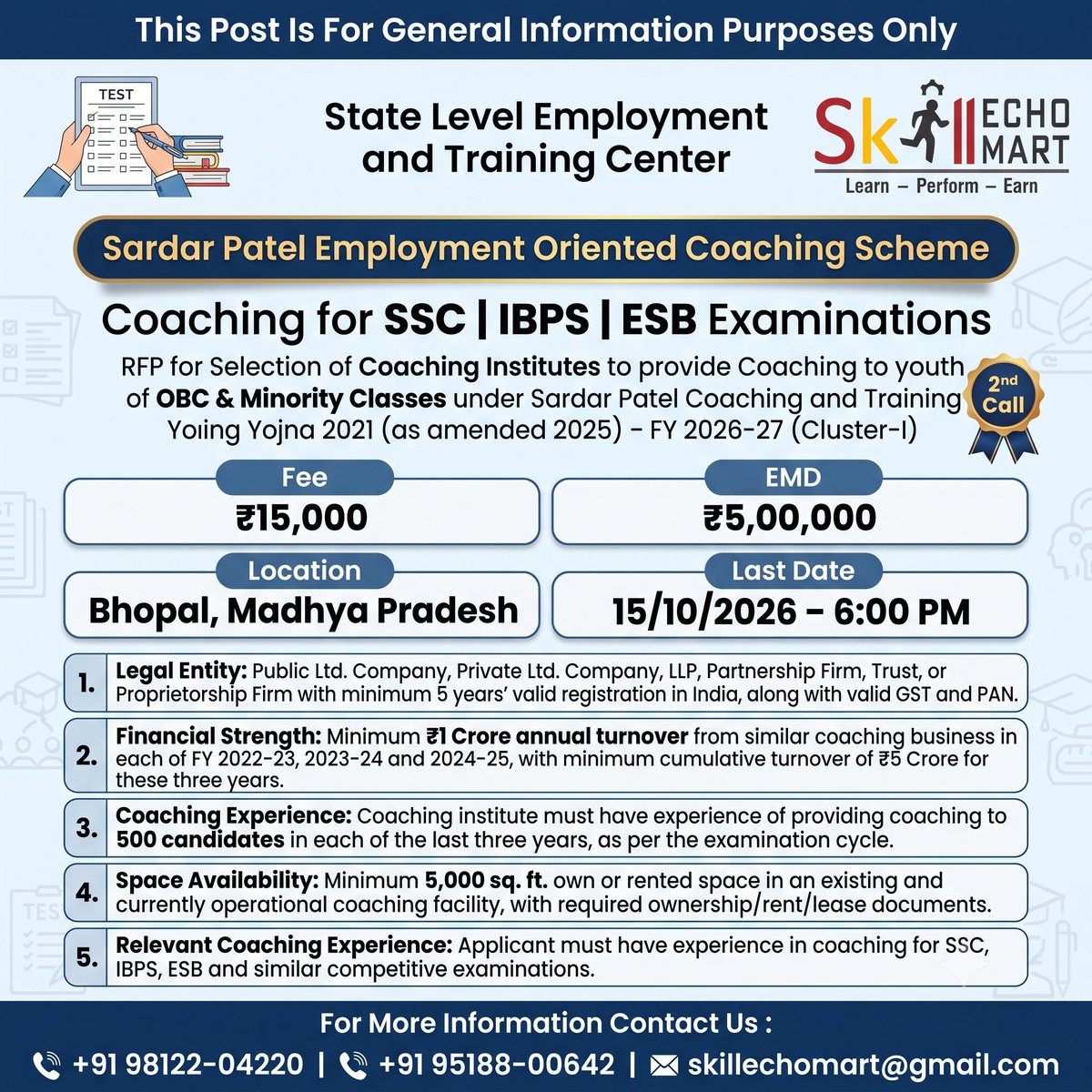 SkillEchoMart's tweet photo. Live Tender Alert | State Level Employment and Training Center, Madhya Pradesh | Last Date: 15-10-2026
Tender Name: Sardar Patel Employment Oriented Coaching Scheme – FY 2026-27 (Cluster-I), 2nd Call
#Tender1362 #TenderAlert #MadhyaPradeshTender #MPTender #BhopalTender https://t.co/LjnuXvqDh7