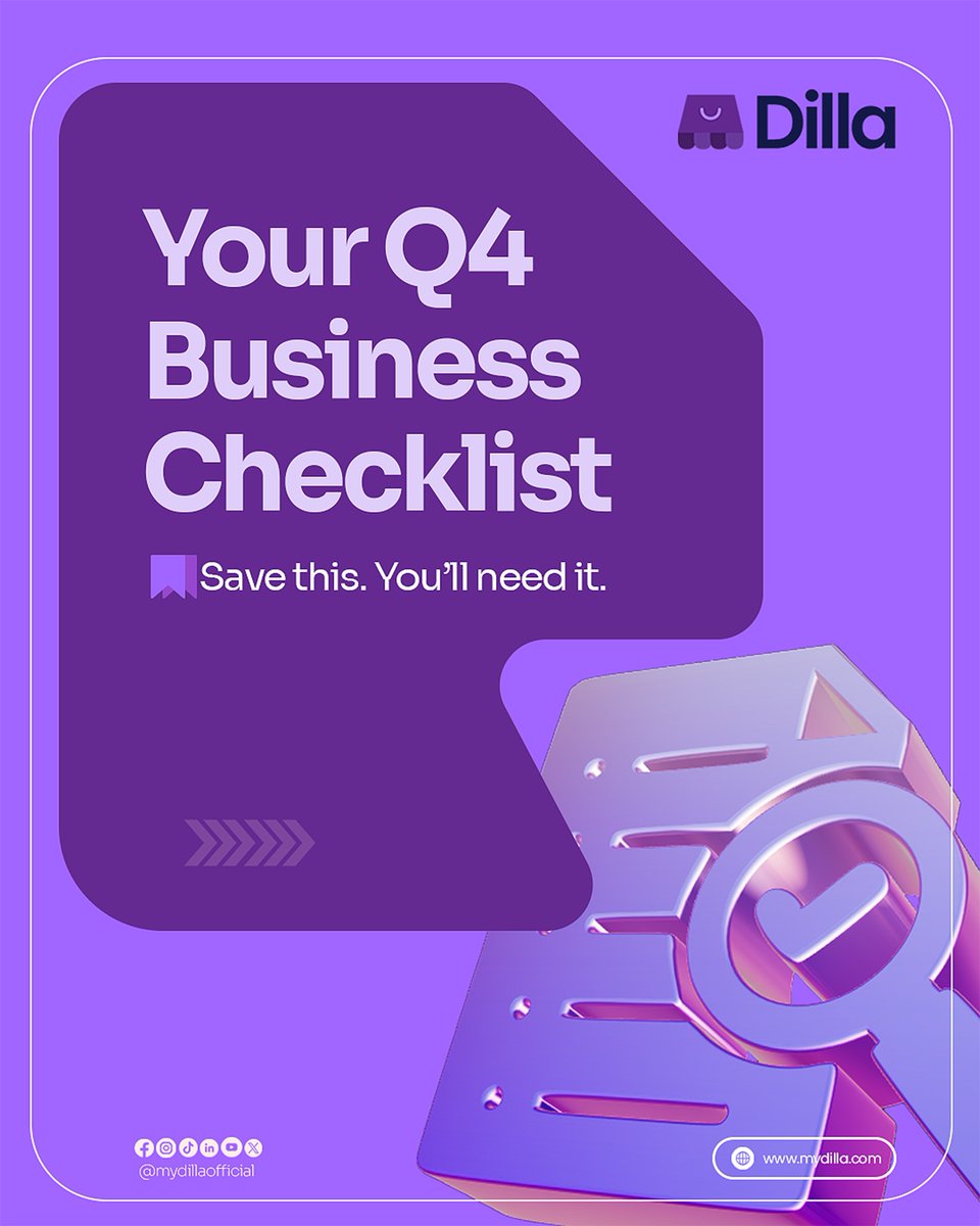 MyDillaOfficial's tweet photo. Q4 is here.

This is a season of more orders, more customers, and a lot more to keep track of. And we know it can get hectic.

That’s why we created this Q4 checklist just for you.

Swipe through and get your business ready for the season.

#DillaTribe https://t.co/LiEH96udGa