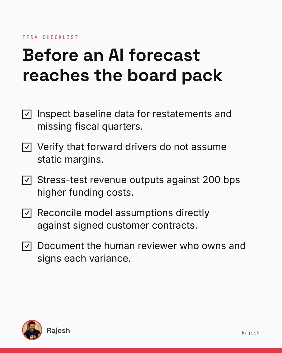 rajeshaiac's tweet photo. Before you put an AI forecast into the board pack, check cash against signed contracts.

Models generate plausible variance narratives with ease. When cash collections spike without contract support, the audit committee catches it first. You sign for the numbers, not the tool.

F https://t.co/yl23DoLxx2