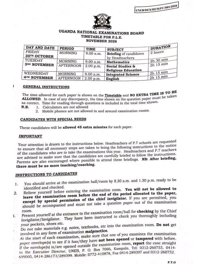 SymediaTV's tweet photo. UNEB has officially released the time table for PRIMARY LEAVING EXAMINATION 2026. Learners and teachers please get ready 
#symedia updates https://t.co/gjlQiotvCE