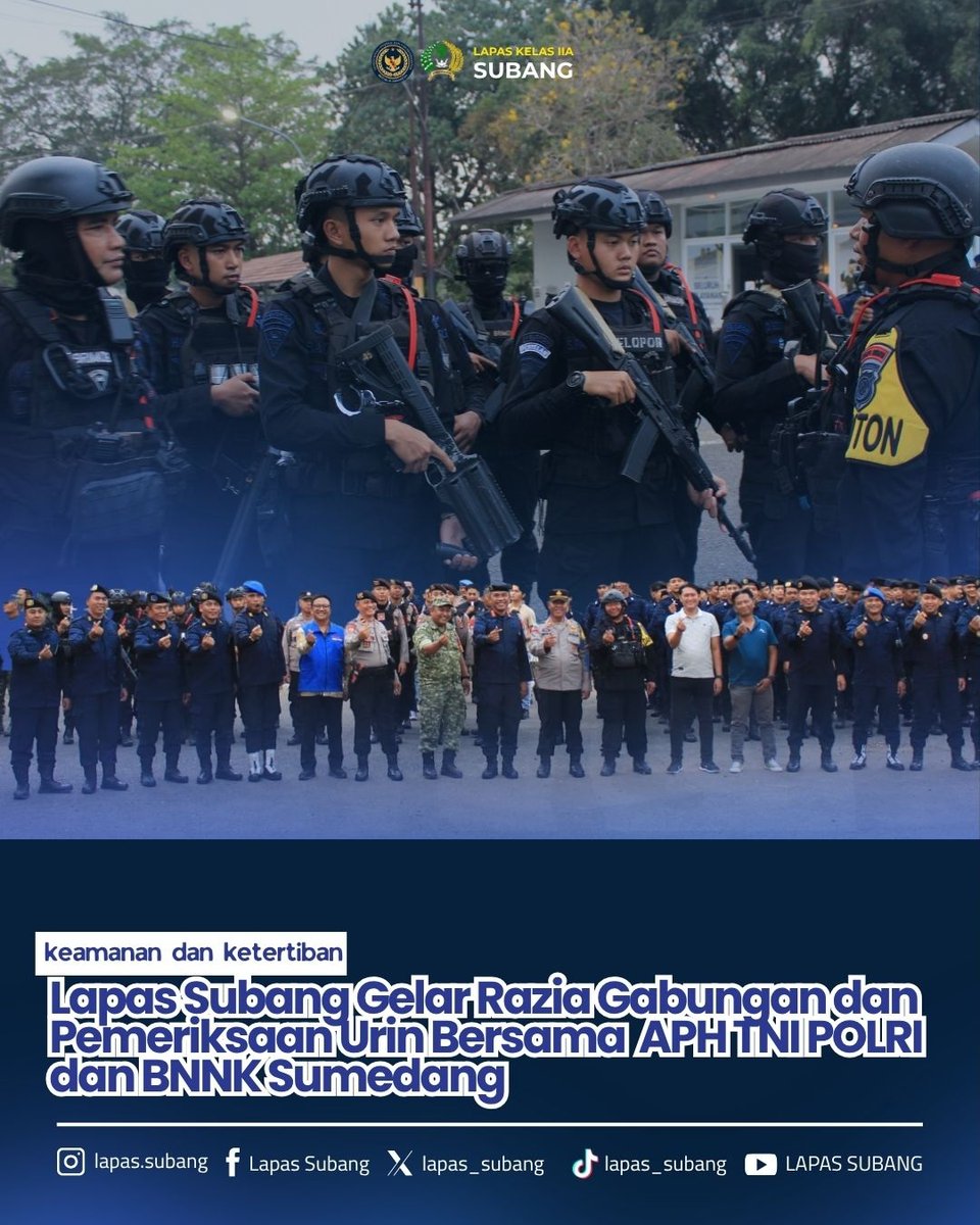 lapas_subang's tweet photo. 🔎 Deteksi Dini, Kamtib Terjaga!

Lapas Kelas IIA Subang bersama APH TNI, Polri, dan BNNK Sumedang melaksanakan razia gabungan dan pemeriksaan urin petugas serta WBP sebagai upaya deteksi dini gangguan keamanan dan ketertiban.

#Kemenimipas #DitjenPAS #KanwilDitjenPASJawaBarat https://t.co/LtVEPqxYrh