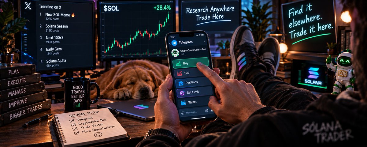 cryptoquickbot's tweet photo. If I had to simplify my Solana setup to one rule:

Don’t let execution become the slowest part of the trade.

CryptoQuick Solana Bot keeps the actual buy/sell flow inside Telegram, so the tool is already where you are.

Find it elsewhere. Trade it here.

https://t.co/cgHeNwAFvD https://t.co/ovsKHyn1xv