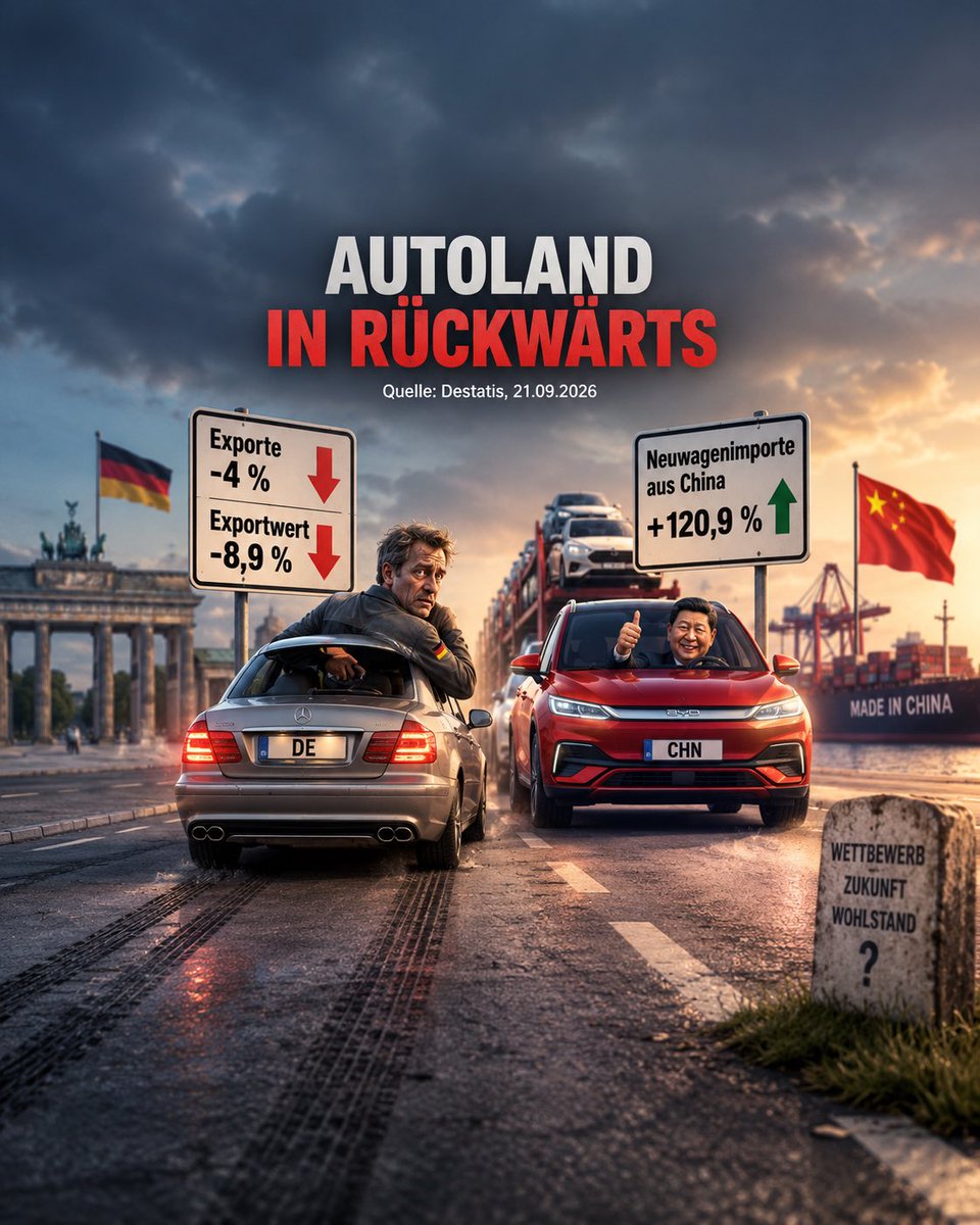 Saliyaprojects's tweet photo. 🚗 Autoland Deutschland wackelt.

📉 Exporte: −4 %. Wert: −8,9 %.

🇨🇳 Importe aus China: +120,9 %.

❓ Wie lange sind wir noch Autoland?

#Auto #China #Deutschland https://t.co/w6KjSz9ME2