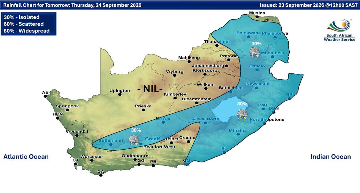 SAWeatherServic's tweet photo. Weather forecast for today and tomorrow: 23–24 September 2026.
Partly cloudy and warm conditions are expected, with isolated to scattered showers and thunderstorms possible over the central and eastern parts of the RSA.
#saws #weatheroutlook #southafricanweather https://t.co/CqYFCDSIMs
