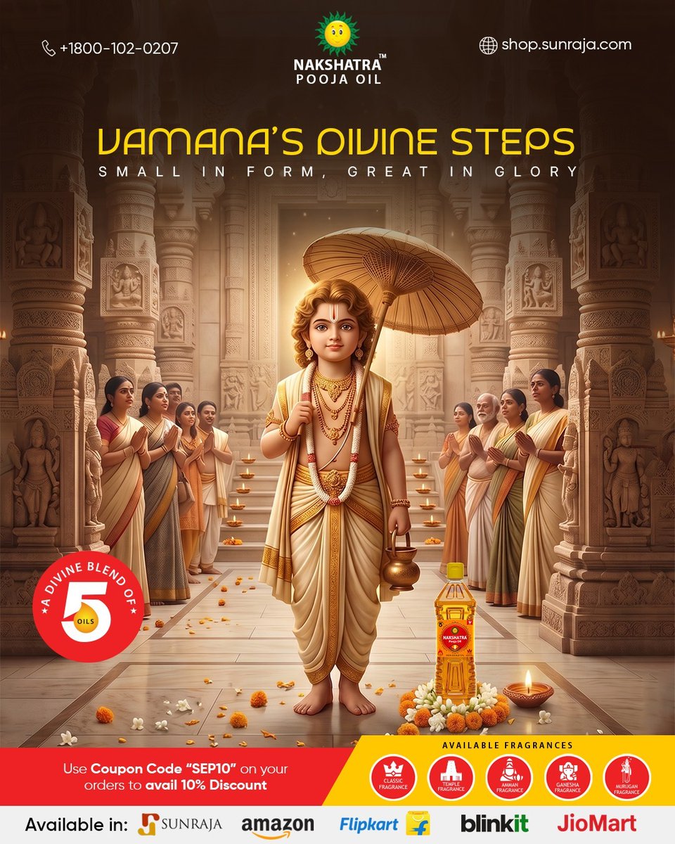 NakshatraOil's tweet photo. Small in form, great in glory🙏
Welcome the divine steps of Lord Vamana into your home this Vamana🌸Jayanthi.Illuminate your prayers with the sacred purity of Nakshatra Pooja Oil🪔

Shopping links in bio. Use code SEP10 to avail 10% discount. T&amp;C apply

#VamanaJayanthi2026 https://t.co/pN4hpgTd5F
