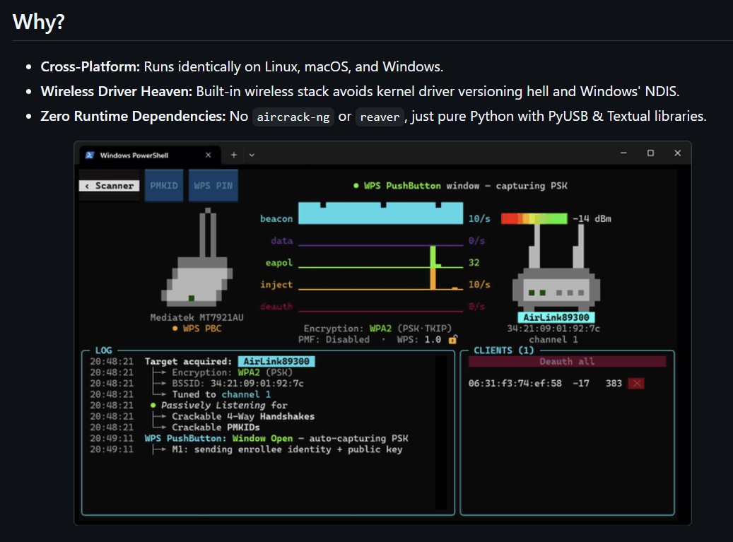 mrgretzky's tweet photo. This looks amazing. A cross-platform WiFi cracking tool was something deemed impossible just 10 years ago.

Kudos to @derv82 for making this happen. https://t.co/YCARr8S54p