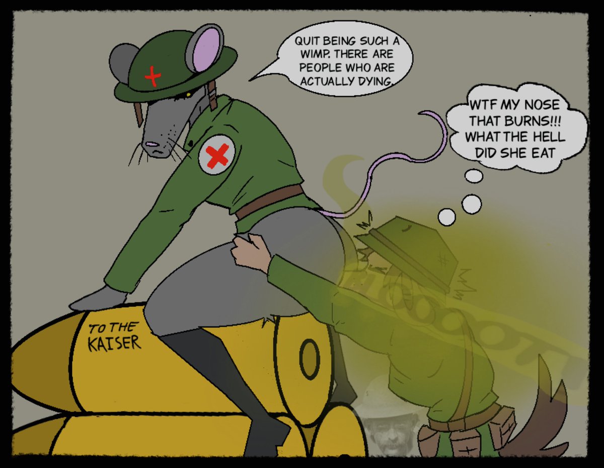 AtomizerP's tweet photo. More furry war stuff where medic rat has to punish some wimpy soldier who’s complaining about a small cold. https://t.co/oWW9FNZuTO