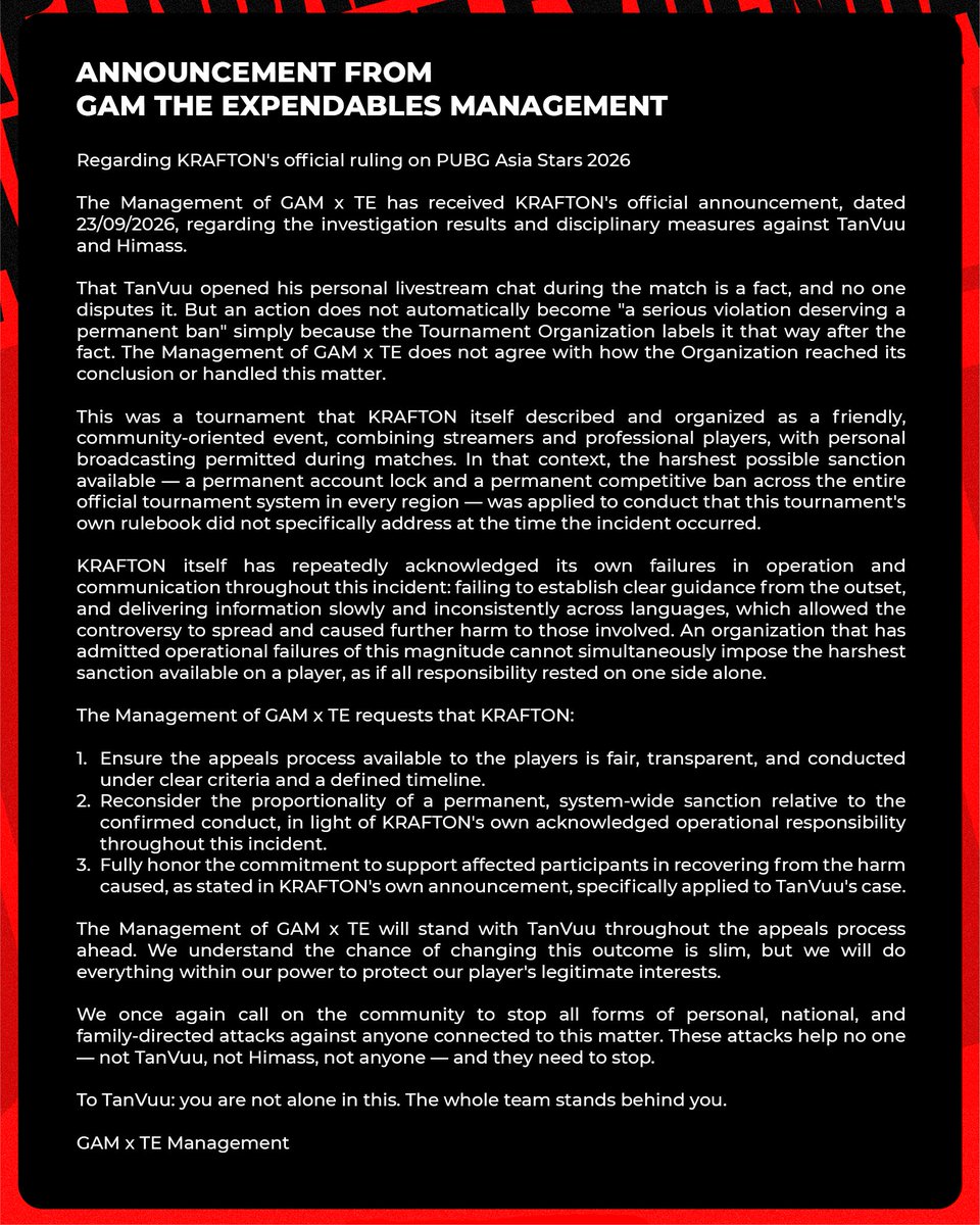 teesportvn's tweet photo. Official announcement from GAM The Expendables. Right now, we are EXTREMELY disappointed and powerless. https://t.co/07mik97nWG