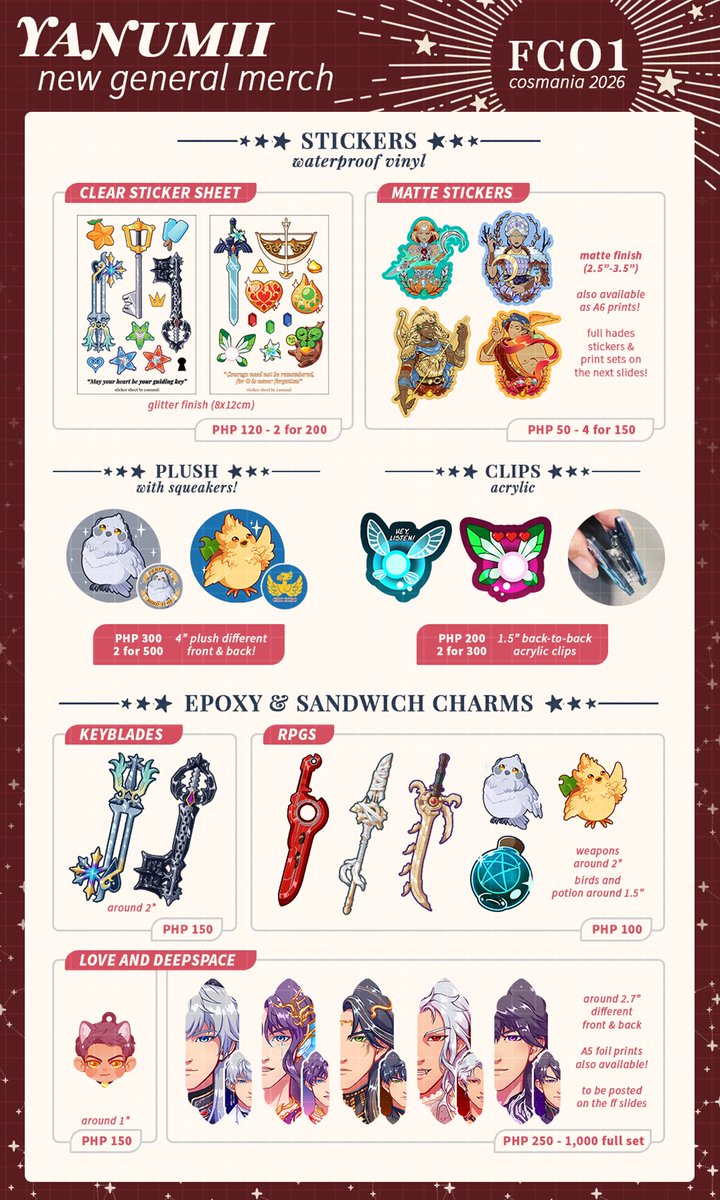 yanumii's tweet photo. RTs💕Here's my gen catalogue for #Cosmania2026! Pkmn only catalogue to follow, but you can see it in my form😊

I have Fire Emblem, Zelda, KH &amp; more!

I'll be at FC01 w TSP, starrywhitewall &amp; cottoncandyfrizz! Reserve form down below❤️
#cosplaymania2026 #FanfairAtCosplayMania2026 https://t.co/J7OWJWm0I1