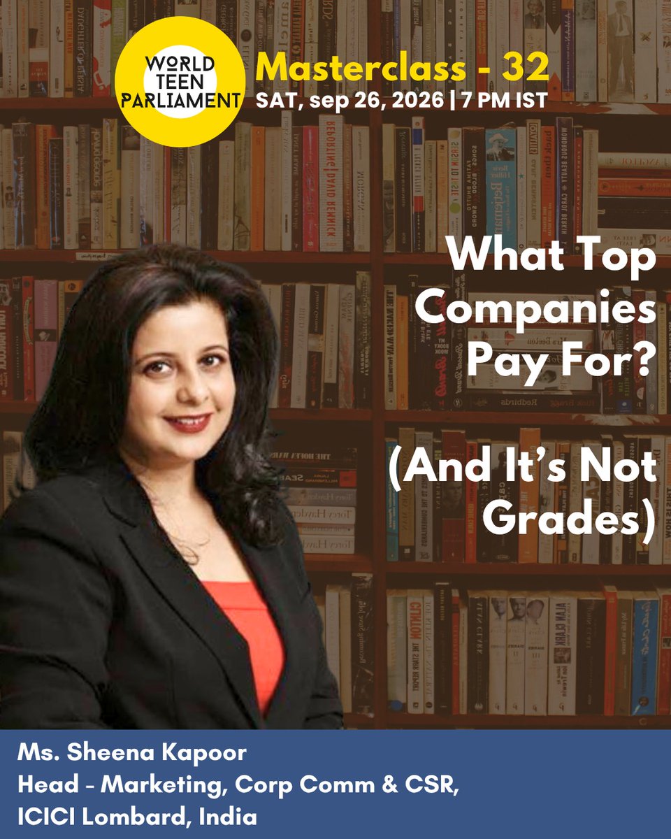 BlubWorld's tweet photo. 🚀 What do top companies really pay for—not grades?
Join WTP Masterclass – 32 with Ms. Sheena Kapoor, Head – Marketing, Corp Comm & CSR, ICICI Lombard.
26 Sept | ⏰ 7 PM IST
Careers. Skills. The future of work.
#WorldTeenParliament #Masterclass #FutureSkills #BeyondGrades https://t.co/6WRVGyuhCc