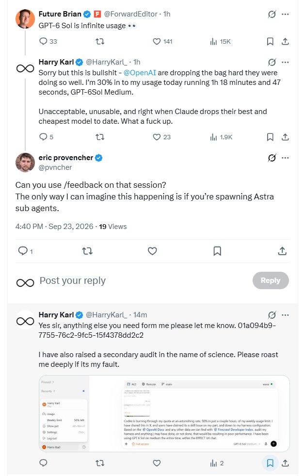 HarryKarl_'s tweet photo. Exploration has occured, and i can confirm @OpenAI @pvncher are innocent. With my goal prompt, 4 terminals were launched with GPT-6-Astra XHigh, to take on the work. 

I have deleted the original post to reduce its exposure since this is a popular account, and take back my comments. I will report back on real usage from what i have left.