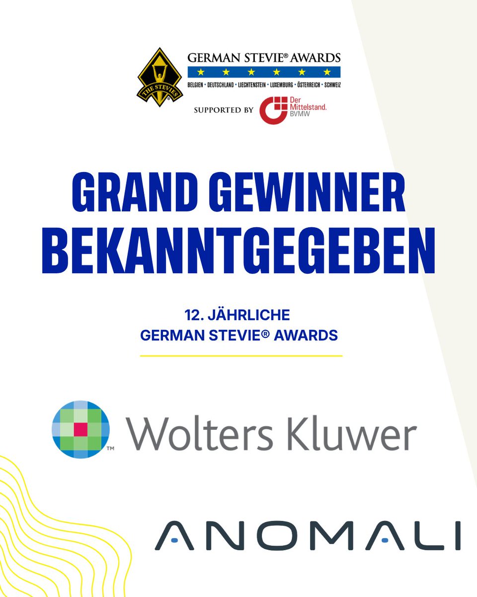 GermanStevies's tweet photo. 🏆 Die Ergebnisse stehen fest: Das sind die Grand Stevie® Award Gewinner der 12. German Stevie® Awards 2026! 🏆

Zwei Organisationen haben die Fachjury in diesem Jahr besonders überzeugt:

🥇 Unternehmen des Jahres: Wolters Kluwer (Deutschland) – mit beeindruckenden 21,5 Punkten und 9 Trophäen (u. a. für KI & Prozessautomatisierung).
⭐ Höchstbewertete Nominierung: Anomali Inc. (USA) – mit einer Jury-Spitzenbewertung von 9,09 für ihre KI-Innovation.

https://t.co/yfL4qQdtwg

#StevieAwards #GermanStevieAwards #BusinessAwards #GrandStevies @anomali