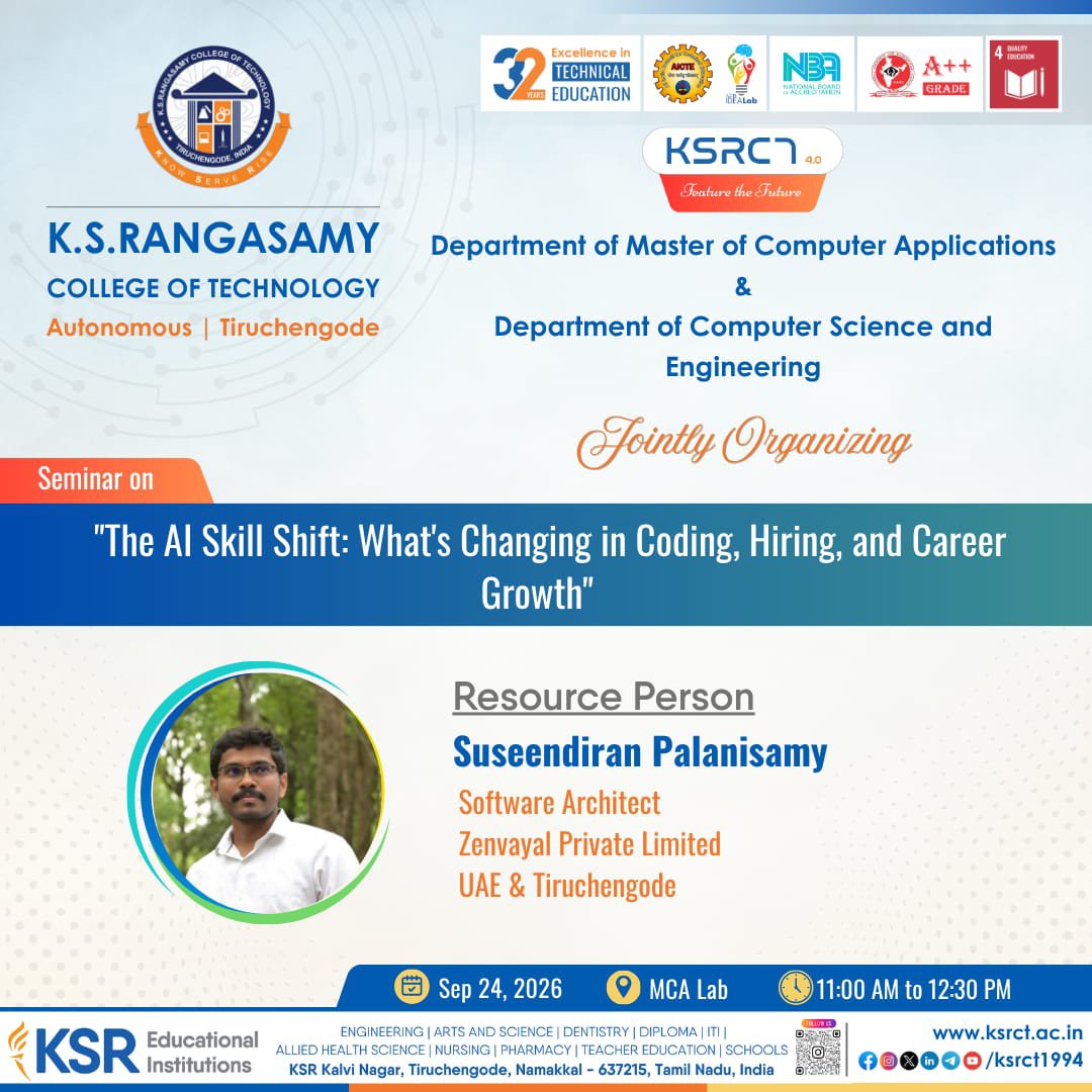 ksrct1994's tweet photo. AI is reshaping coding, hiring & careers β fast. π€β‘
Join us for "The AI Skill Shift" ft. Suseendiran Palanisamy (Software Architect, Zenvayal)
π
Sep 24 | π 11β12:30 PM | π MCA Lab, KSRCT
#AISkillShift #VibeCoding #KSRCT #TechTwitter #FutureOfWork #CSE #MCA https://t.co/qzo5TGSKIq