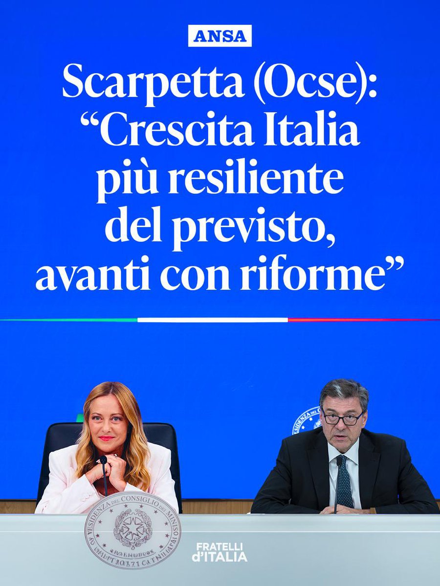 FratellidItalia's tweet photo. L’OCSE rivede al rialzo le previsioni di crescita dell’Italia per il 2026.

Il capoeconomista Stefano Scarpetta conferma che l’economia italiana ha dimostrato una capacità di tenuta superiore alle aspettative.

Un risultato importante per la nostra Nazione, frutto del lavoro e dell’impegno del Governo Meloni per la solidità economica dell’Italia.