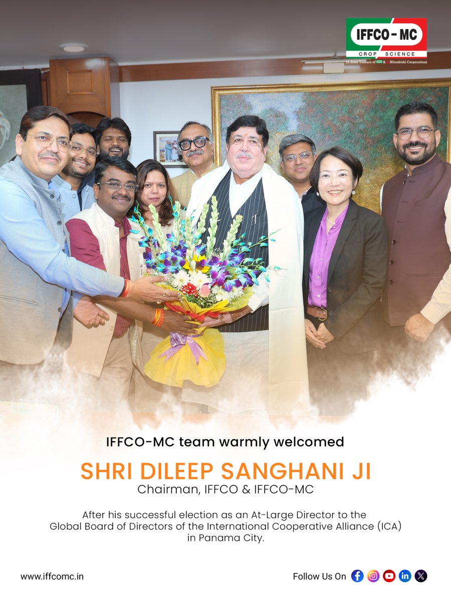 iffcomc's tweet photo. The IFFCO-MC team warmly welcomed Shri @Dileep_Sanghani Ji, Chairman, IFFCO &amp; IFFCO-MC, at IFFCO Sadan, Saket, following his successful election as At-Large Director of the Global Board of Directors of the International Cooperative Alliance (ICA) in Panama City.

#ICA #IFFCO https://t.co/0spotSLxV1