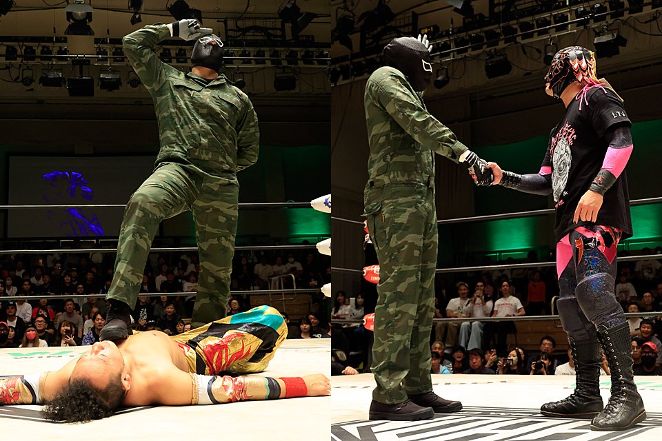 PKDX's tweet photo. 【NOAH】謎の迷彩服マスクマン乱入でナショナル王者･丸藤襲撃､LTJと共闘か?…後楽園大会詳報中
https://t.co/hrySBCuAML

#noah_ghc https://t.co/mW4xpFBbnN