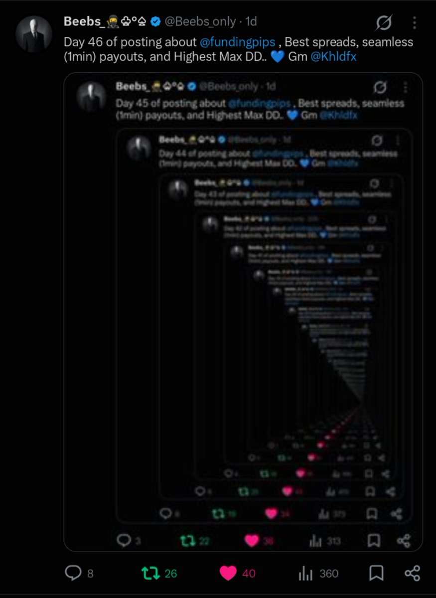 Beebs_only's tweet photo. Day 47 of posting about @fundingpips , Best spreads, seamless (1min) payouts, and Highest Max DD.. 💙 Gm @Khldfx https://t.co/0P7DaDGY0d