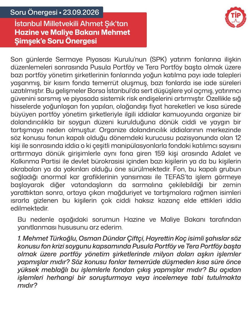 tipgenelmerkez's tweet photo. Fon soygununda soruşturmadan haberdar olup son vurgunun yapıldığı doğru mu?

İstanbul Milletvekilimiz Ahmet Şık, Hazine ve Maliye Bakanı Mehmet Şimşek tarafından yanıtlanmak üzere TBMM'ye soru önergesi verdi. https://t.co/7YMJPVS52t