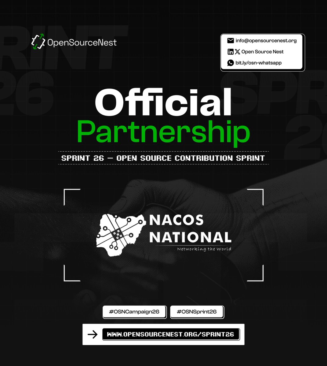 nacosnational's tweet photo. PARTNERSHIP !!!
We are pleased to announce that NACOS National is partnering with Open Source Nest for Sprint 26!
20 September to 17 October 2026, for computing students and junior developers across Nigeria.
Join here: https://t.co/vpTaN3Hz8I
#NACOS #Sprint26 #OpenSourceNest https://t.co/kYgAIGcwW0