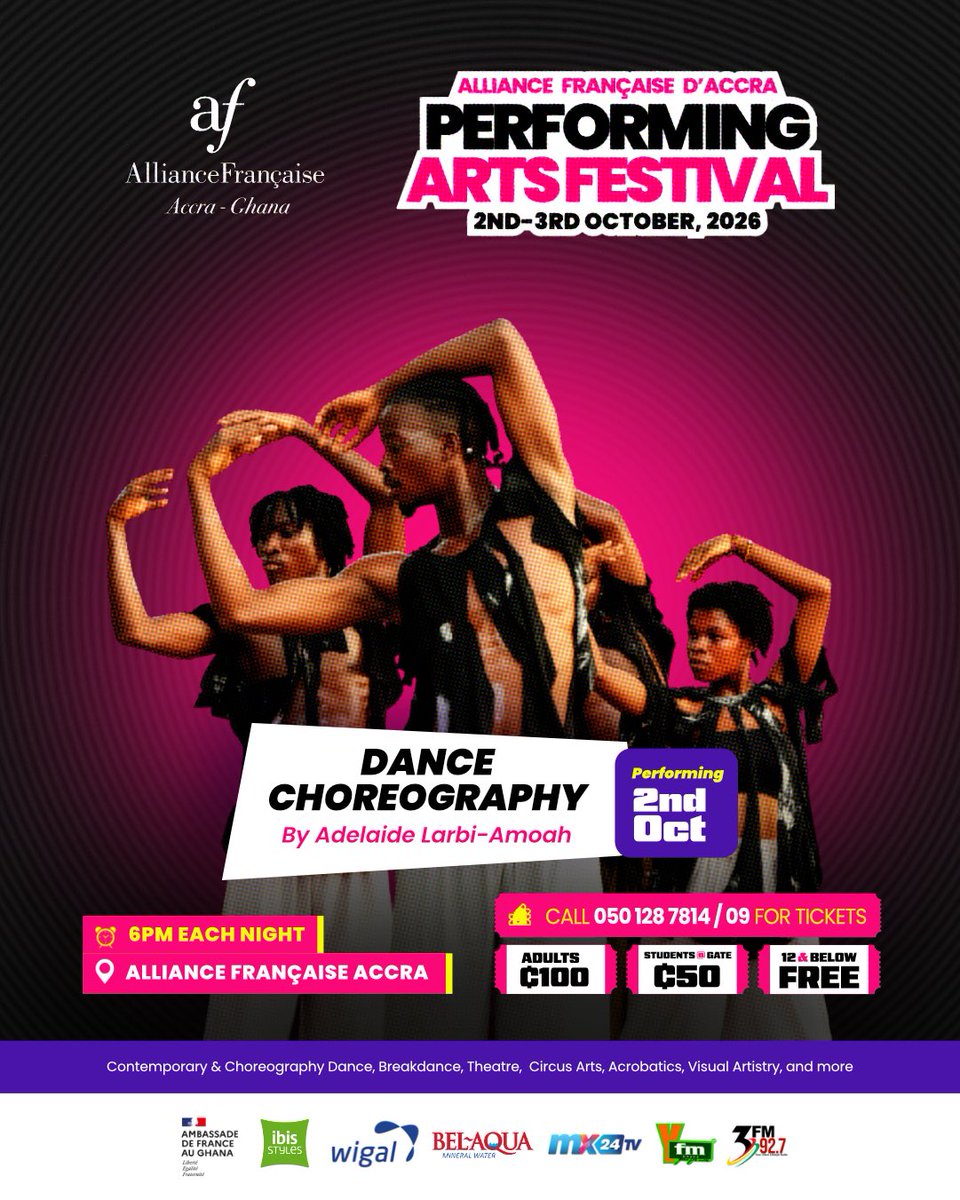 AF_Accra's tweet photo. AFPAF 2026 PERFORMERS SPOTLIGHT! 

LOUD SILENCE – Adelaide Larbi-Amoah
A multimedia dance project exploring the struggles we hide behind curated public facades.

📅 2–3 Oct | 🕕 6PM
📍 Alliance Française Accra

🎟️ghc100 Adults | ghc50 Students | 12 &amp; below FREE
📞 050 128 7814 https://t.co/IK9NSfVMCF