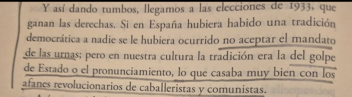 Unoporaqui's tweet photo. Carmen Parga (PCE), que participó en la rebelión de octubre del 34 contra la II República, casada con Manuel Tagüeña (PCE), confiesa en sus Memorias que la izquierda obrera de 1933 decidió "no aceptar el mandato de las urnas" (acababa de ganar las elecciones generales ampliamente la derecha), porque "en nuestra cultura la tradición era la del golpe de Estado o el pronunciamiento, lo que casaba muy bien con los afanes revolucionarios de caballeristas y comunistas".

¿Alguien lo necesita más claro o así está bien? 🤷‍♂️
