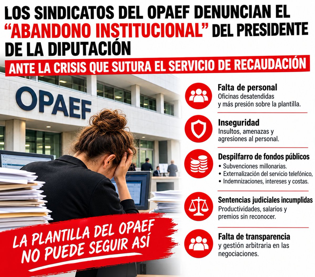 USOAndalucia's tweet photo. 🚨 Los sindicatos denuncian el abandono del OPAEF por la Diputación de Sevilla, entre ellos USO.
Año y medio esperando una reunión mientras la plantilla sufre falta de personal, inseguridad y agresiones. Exigimos soluciones ya. 📢
🔗 https://t.co/lbgPKOcO2G
#FACUSO #OPAEF https://t.co/89E02SetvG