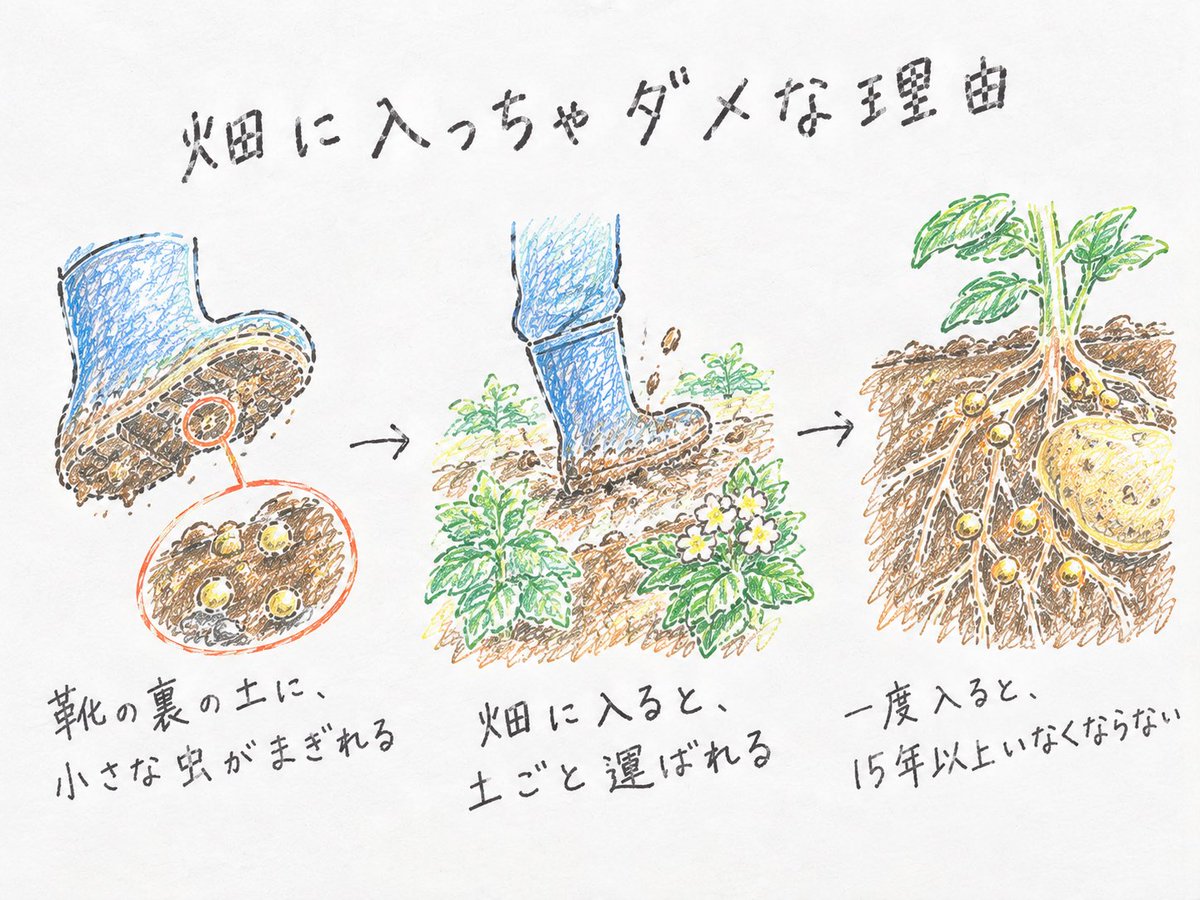 nouka_tanuki's tweet photo. 畑に勝手に入っちゃダメなのは、マナーの問題だけではありません。
靴の裏の土から、畑を壊す虫が運ばれることがあるからなんです。
身近な人にも伝えていただく様お願いします🙇

きれいな畑の景色を近くで見たい。写真を撮りたい。
その気持ちはとても分かります。
でも、畑の中に一歩入るのは待ってほしい理由があります。

土の中には目に見えない小さな虫（線虫）がいることがあります。

そういった虫のやっかいなところは、
一度畑に入ると土の中で10年以上も生き続けて、根絶がとても難しいこと。
ジャガイモの場合、入られた畑は長くじゃがいもが作れなくなってしまいます。

そして、この虫は靴の裏についた土にまぎれて運ばれます。

こわいのは、運んだ本人に、まったく悪気がないこと。
「ちょっと畑に入っただけ」が、知らないうちに、別の畑へ虫を連れて行ってしまうことがあるんです。

だから、景色のいい農地には「畑に入らないで」の看板が立っている。
あれは、畑とその先の食べ物を守るためのお願いです。

畑の景色は畦道（あぜみち）の外から。
みんなでしっかり守りましょう。