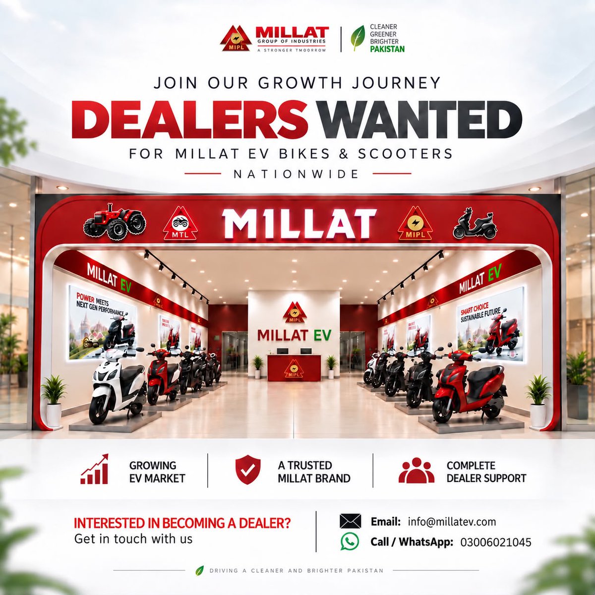 _Millattractors's tweet photo. JOIN OUR GROWTH JOURNEY!

Millat EV is expanding its presence nationwide! 🇵🇰⚡
We are looking for dealers for Millat EV Bikes &amp; Scooters to join us in shaping a cleaner, greener and brighter future for Pakistan. 🌱

📈 Growing EV Market
🤝 Trusted Millat Brand https://t.co/g3VTEwfPV1